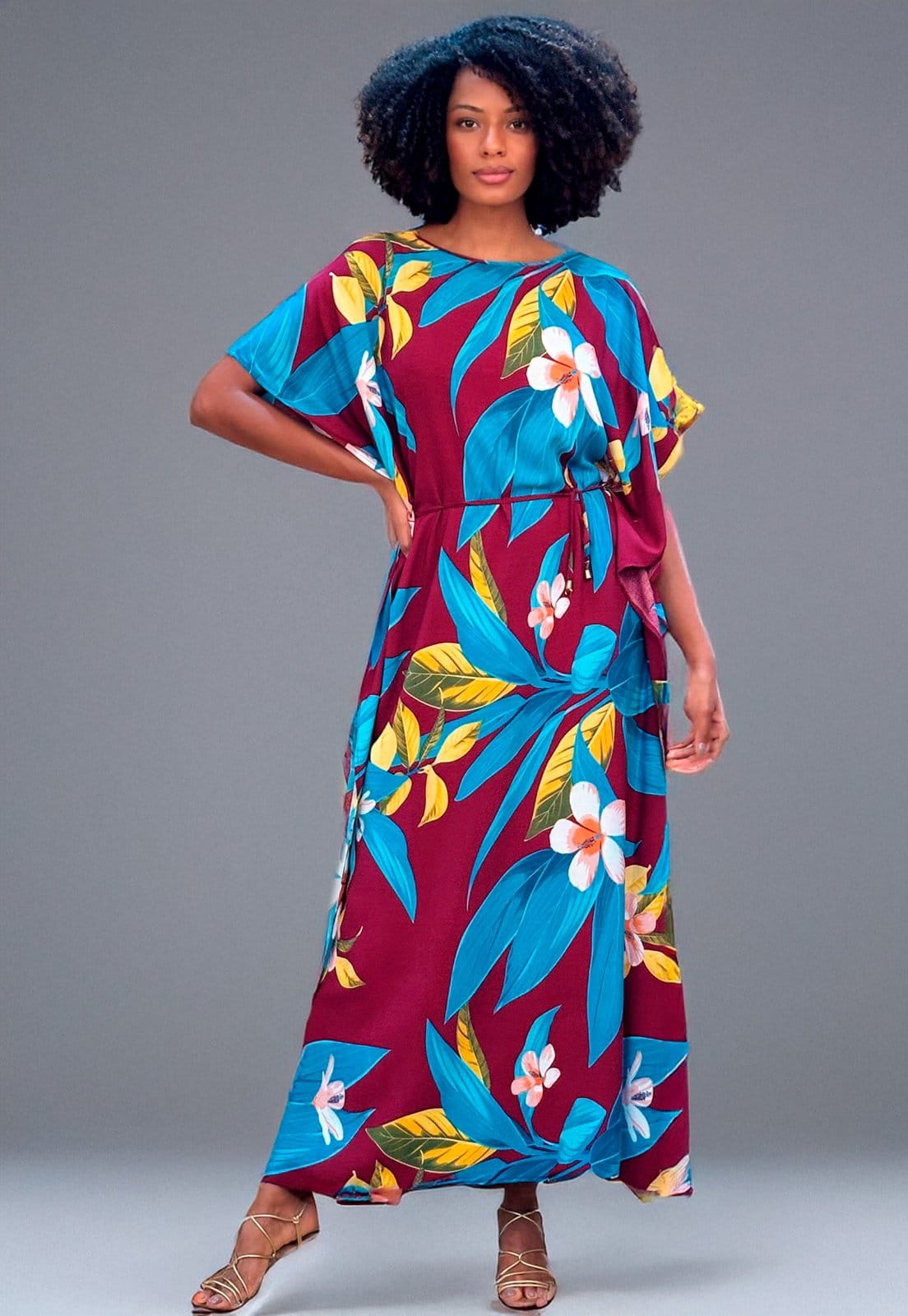 Vestido Amazonia Vital Kaftan Viscose Longo Estampa Floral Outono