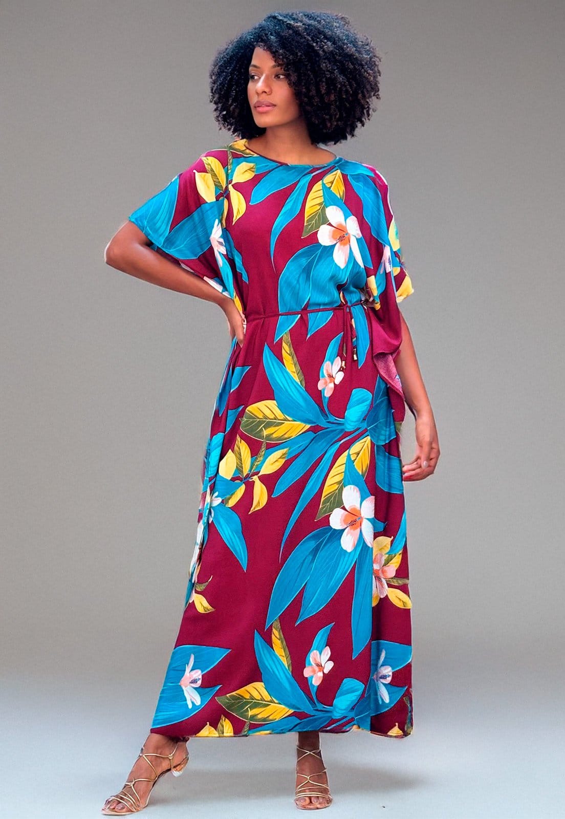 Vista 2 Vestido Amazonia Vital Kaftan Viscose Longo Estampa Floral Outono Amazonia Vital amarelo/azul/bordô/estampado