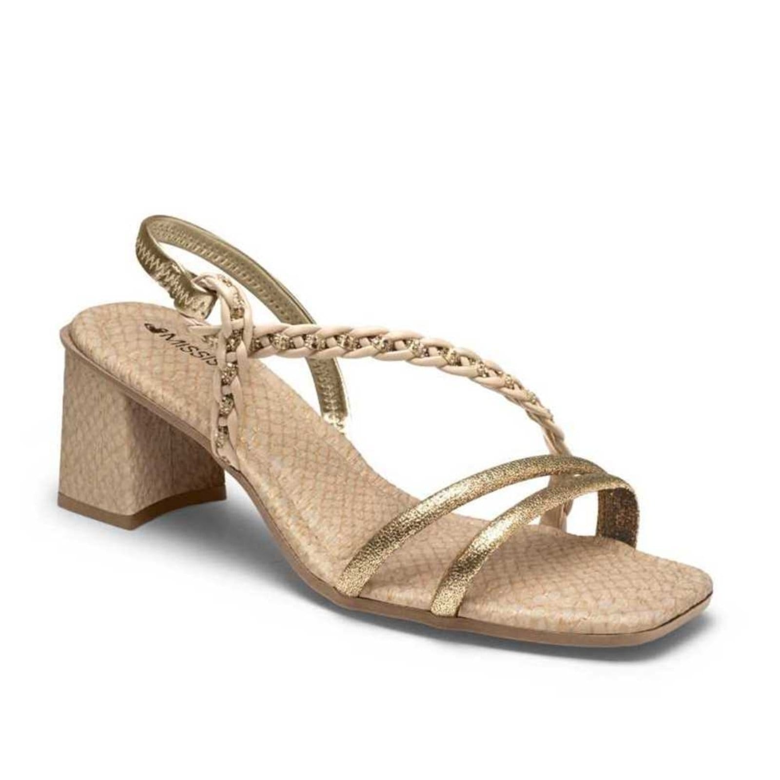 Sandália Feminina Mississipi Salto Bloco com Tiras Trançadas Dourada ou Camel