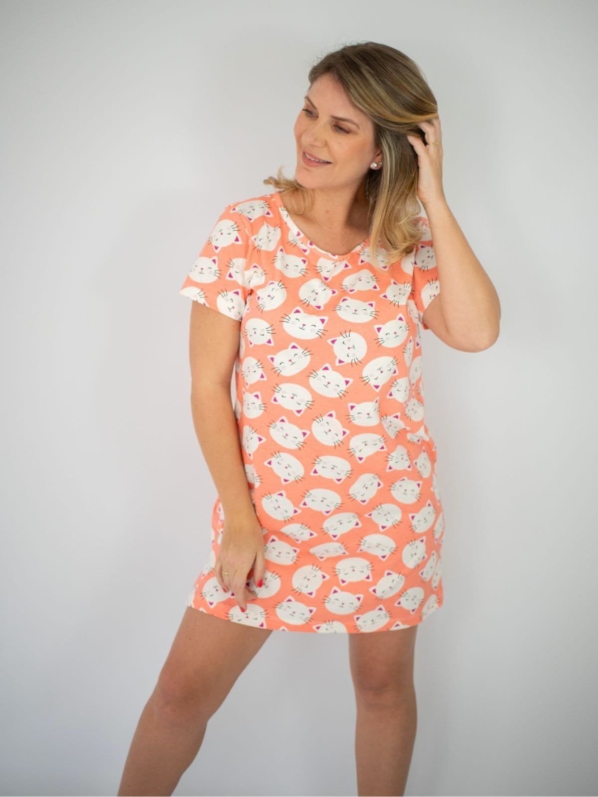 Vista 2 Camisola Manga Curta Carmem - Gatinhos Coral Piante laranja coral