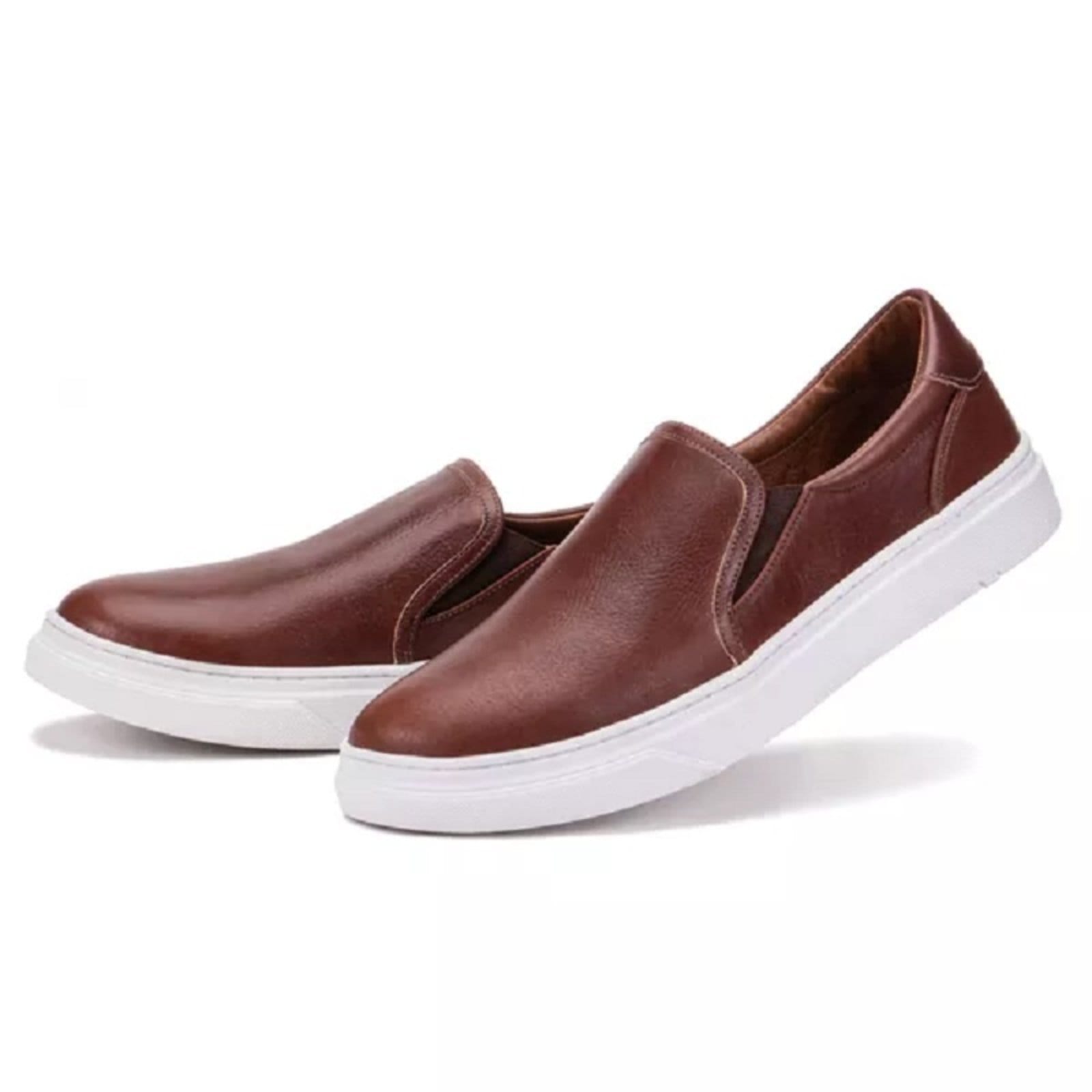 Vista 2 Tênis Slip On Masculino em Couro Casual Dia a Dia Café ZAFREM marrom