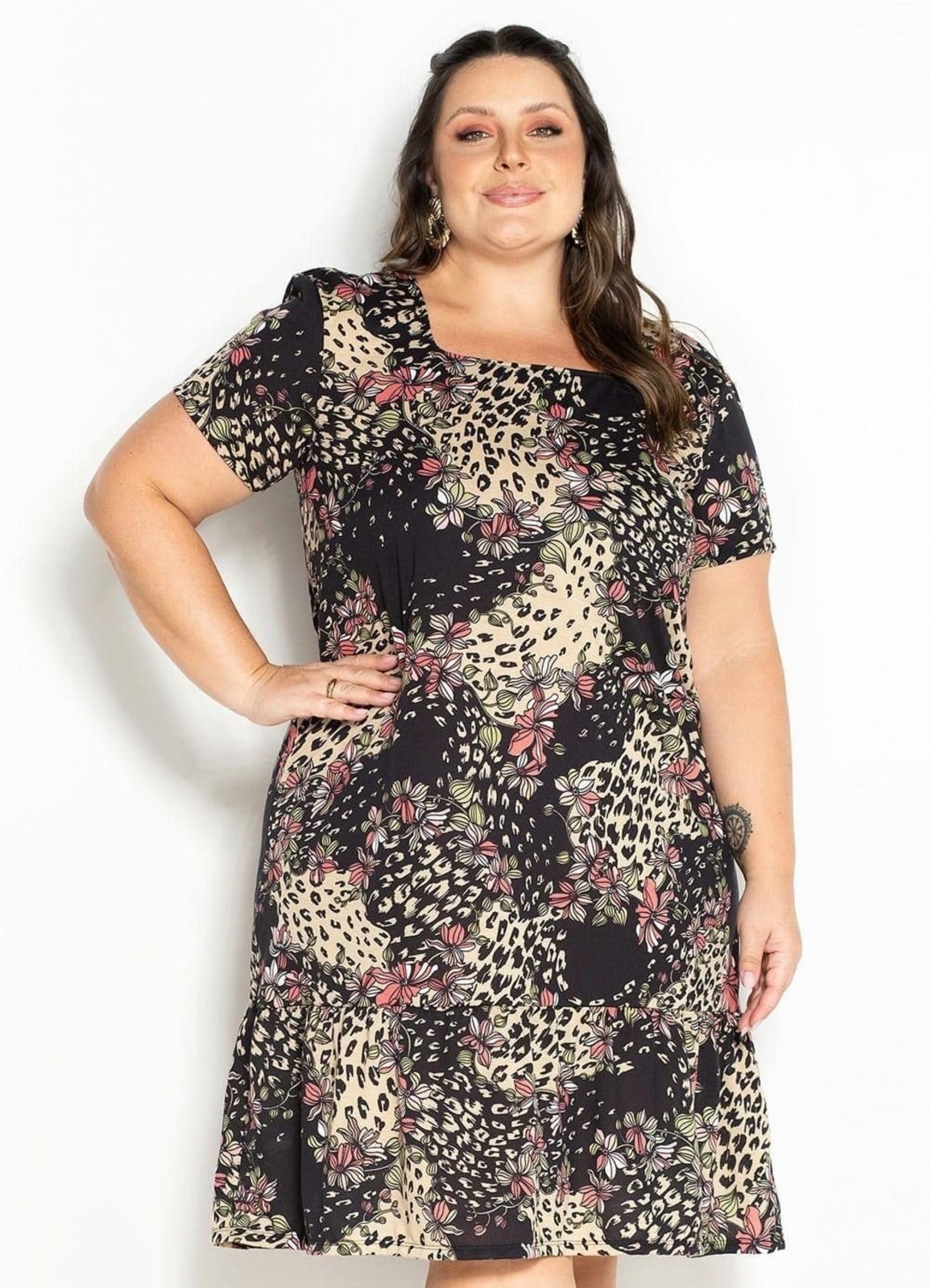 Vestido Com Babado Plus Size Animal Print