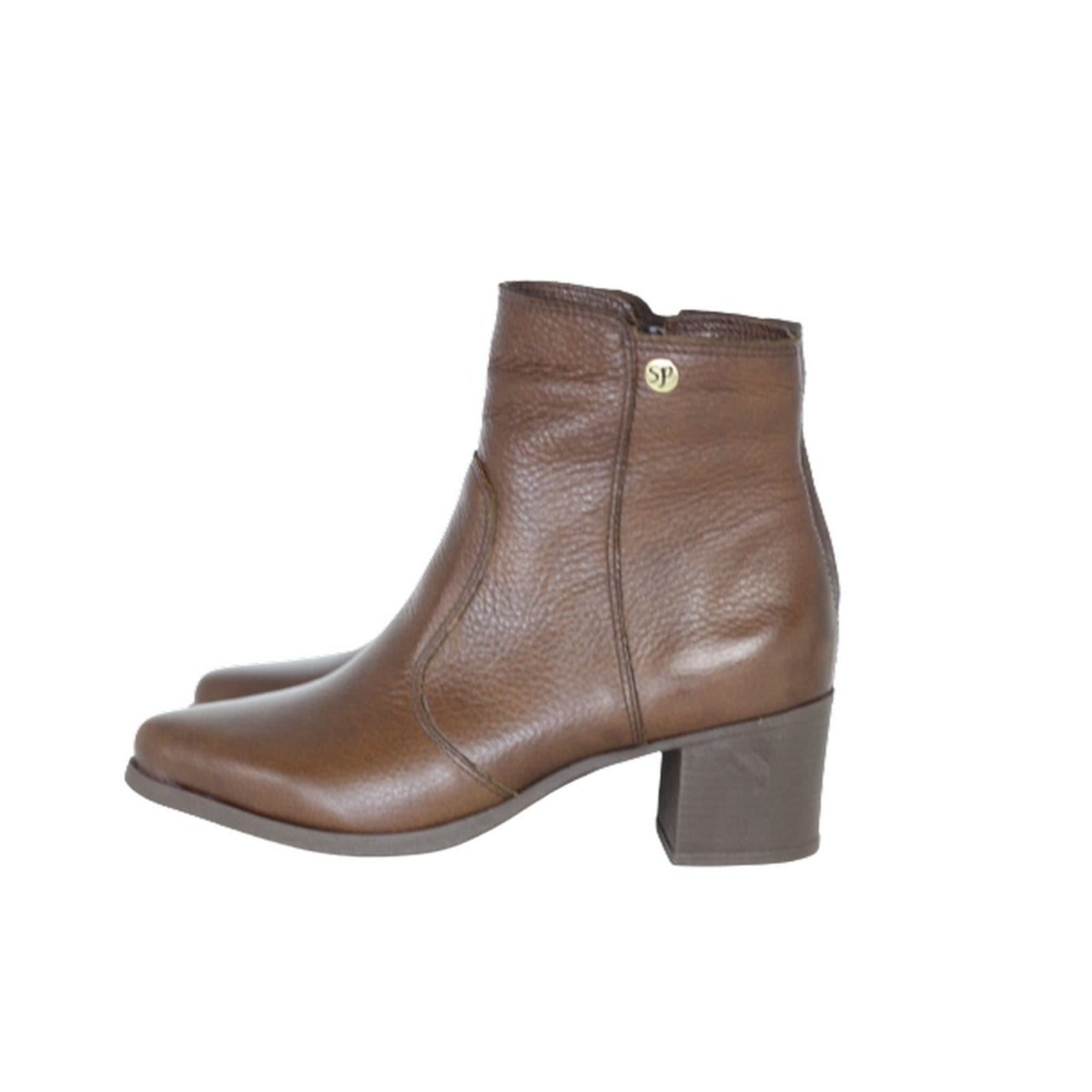Vista principal Bota Feminina Bico Fino Cano Curto Couro Salto em Bloco Baixo Camel Spinelli caramelo