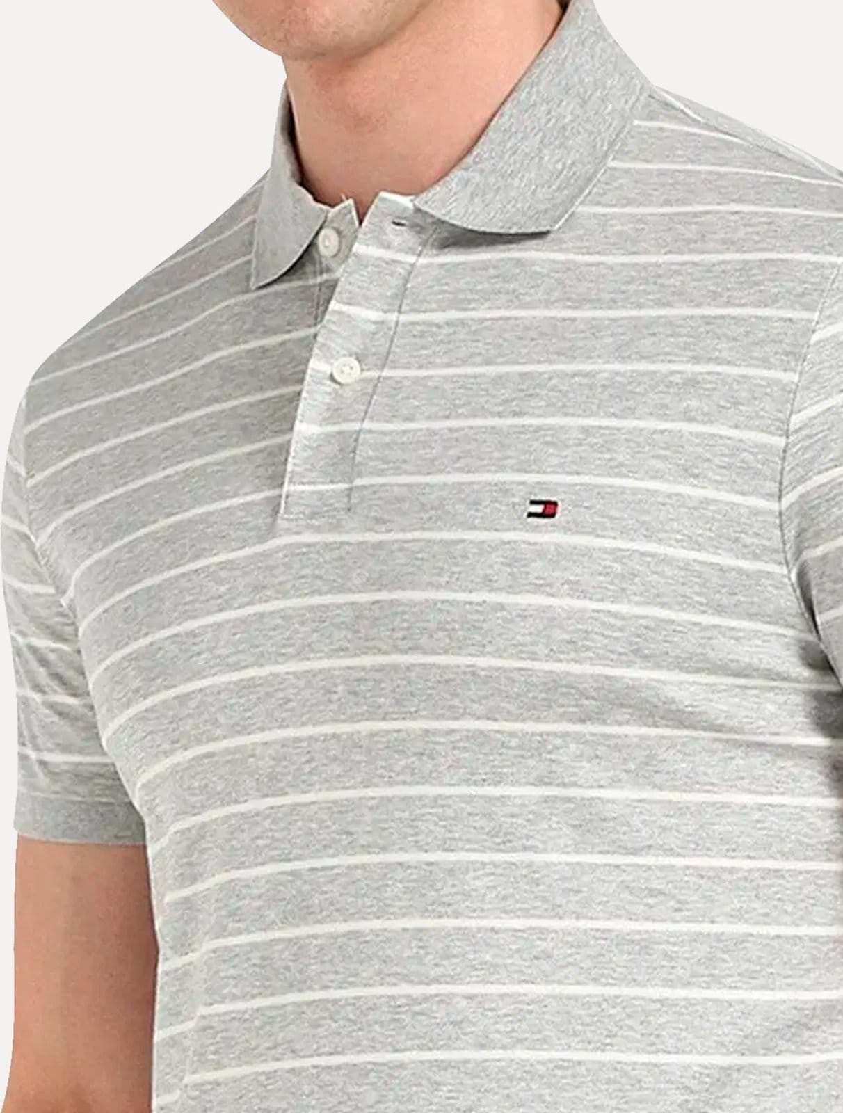 Vista 2 Polo Tommy Hilfiger Masculina Malha Liquid Cotton Striped Mescla Tommy Hilfiger cinza