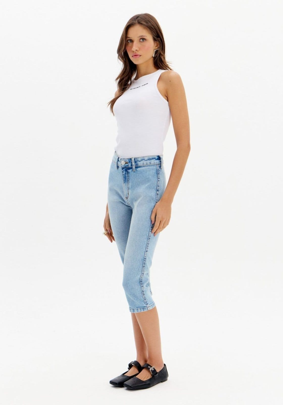 Vista 2 Calça Jeans Capri Cintura Super Alta My Favorite Things azul