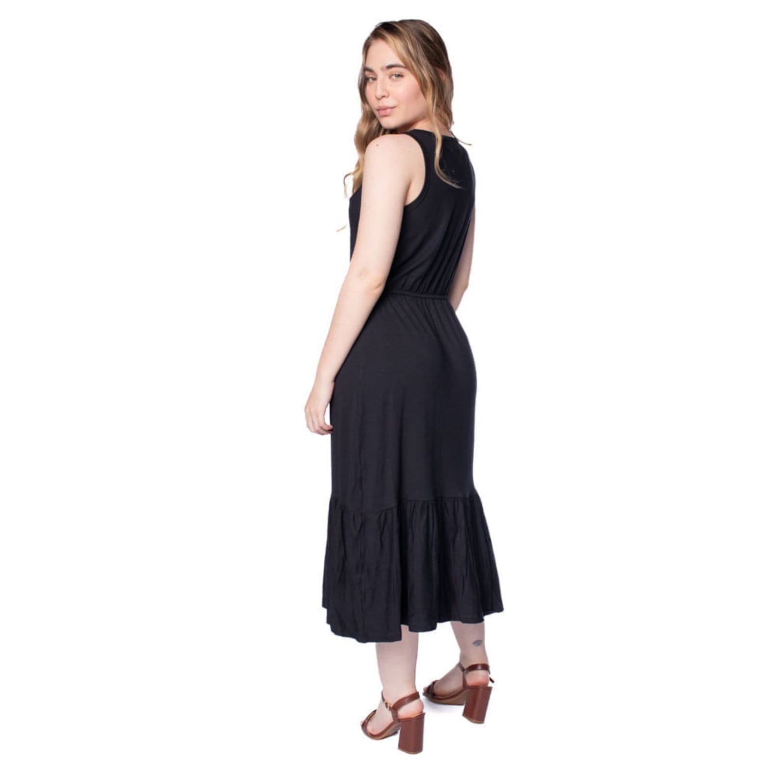Vista 2 Vestido Midi Feminino Rechsul Sem Mangas Babados RechSul preto