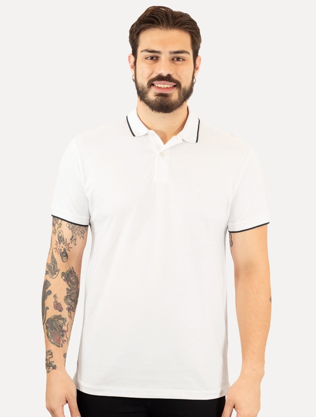 Vista principal Polo Aramis Masculina Piquet Navy Friso Branca Aramis branco navy