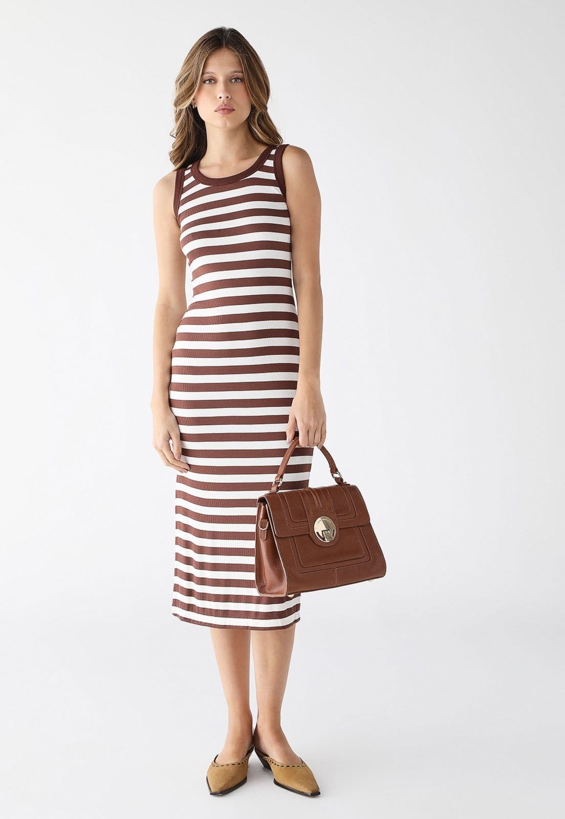 Vestido Midi Levosch De Alça E Fenda Ribana Listrado Marrom