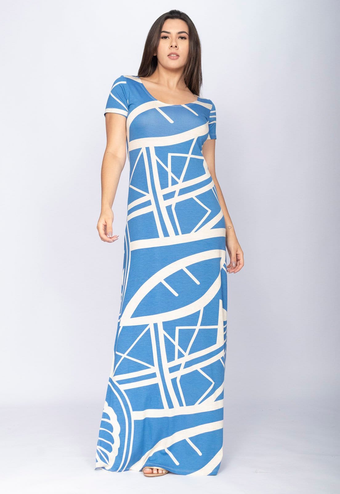 Vestido CabanaFree Longo Malha Gola Canoa Manga Curta Estampa Lagoa Botânica