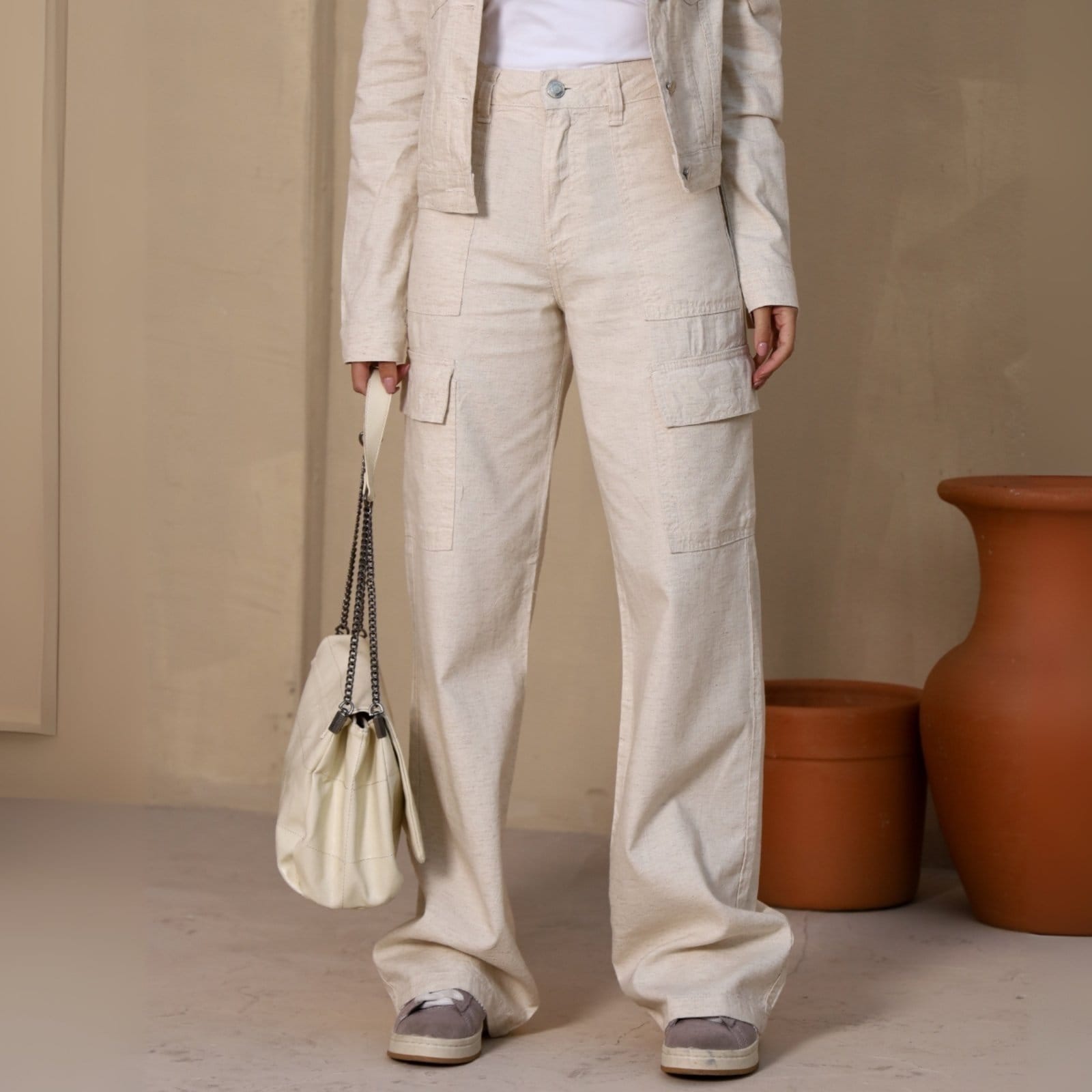 Calça Wide Leg Linho Bolso Cargo Feminina Revanche Sicília