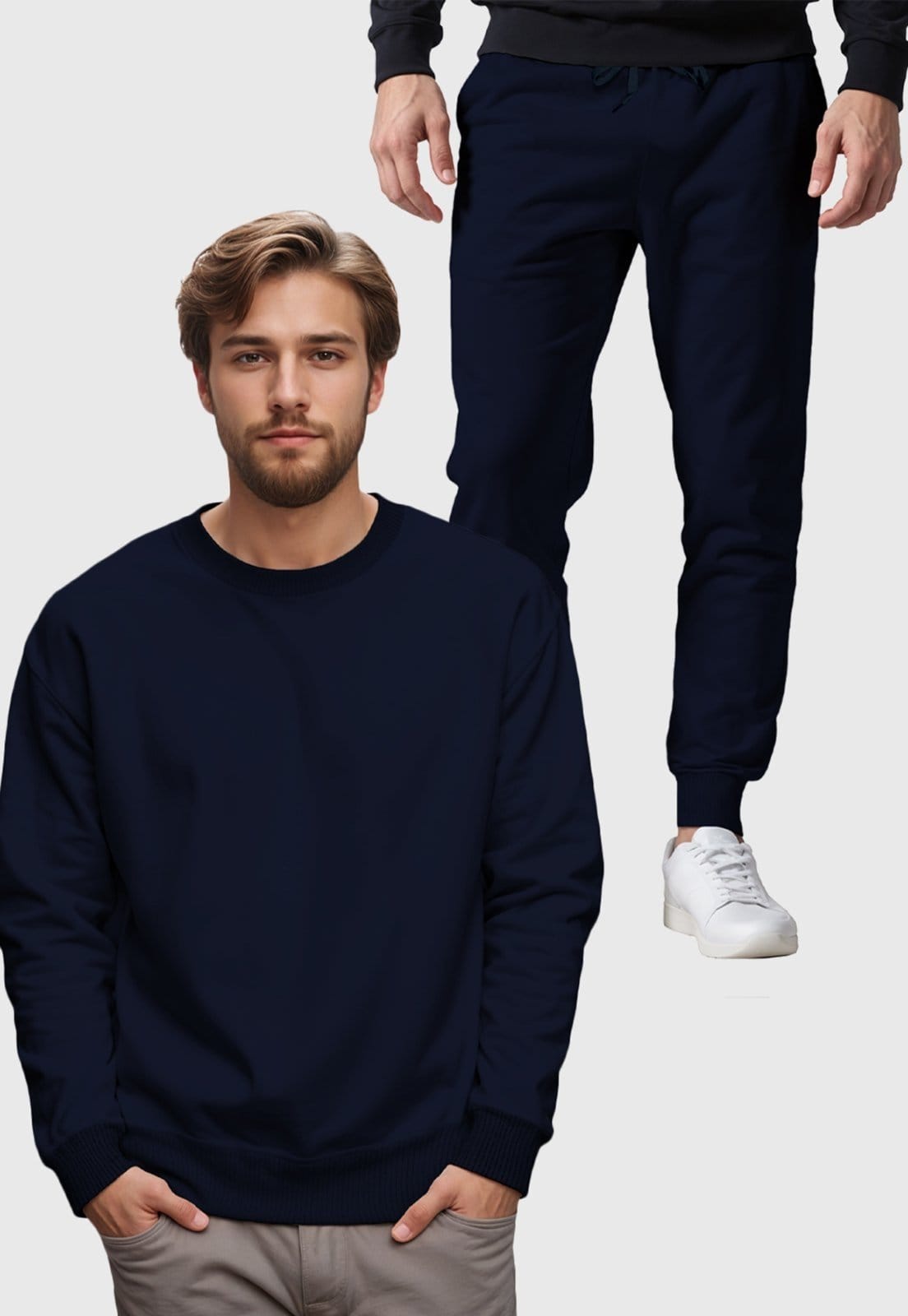 Conjunto Moletom Liso Gola Redonda e Calça Masculina Benellys Marinho