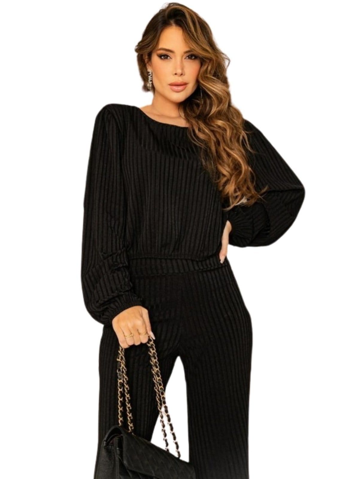 Conjunto Canelado Virginia Calça e Cropped Manga Longa