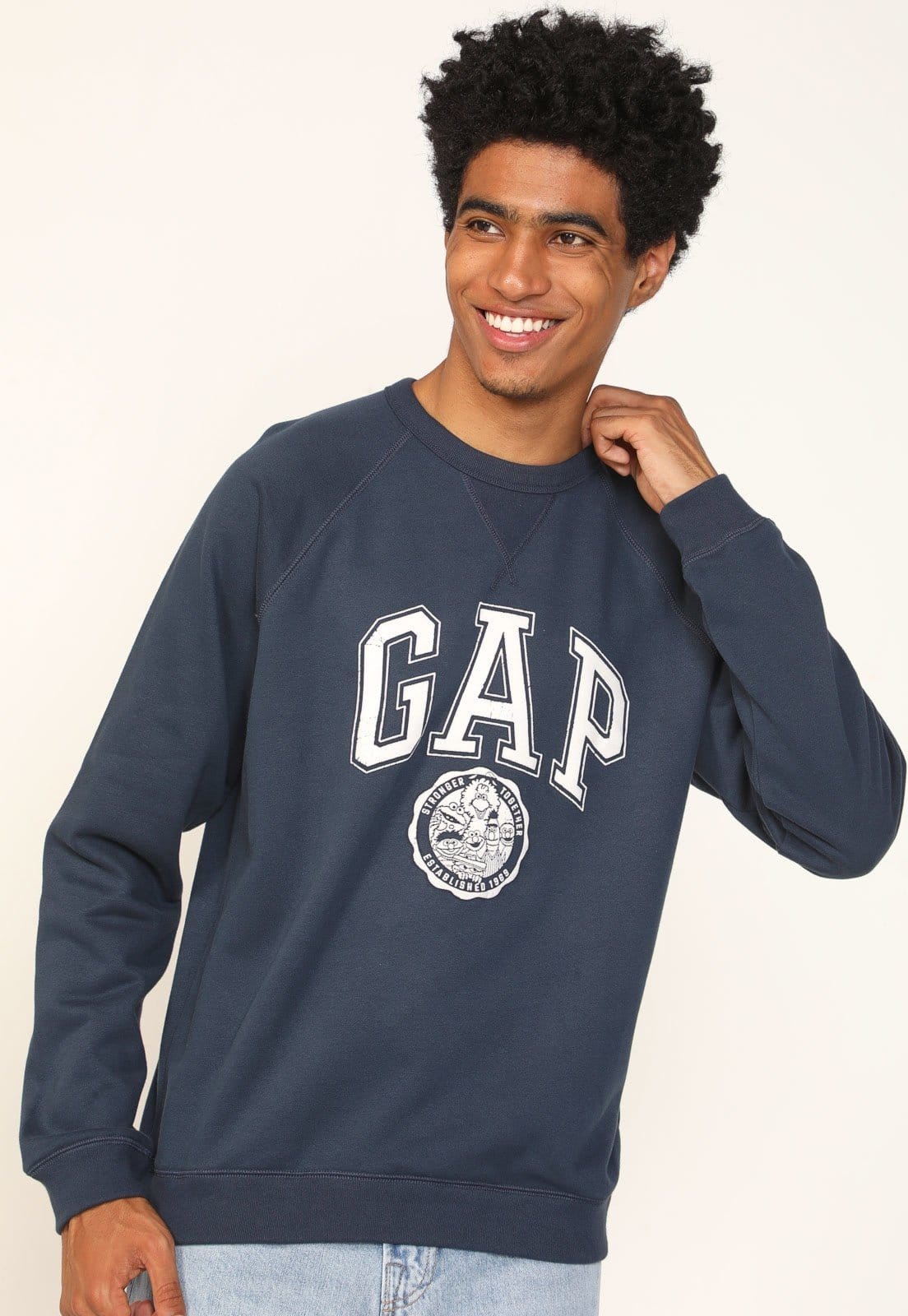 Vista principal Blusa de Moletom Flanelada Fechada GAP Sesame Street Azul-Marinho GAP azul marinho