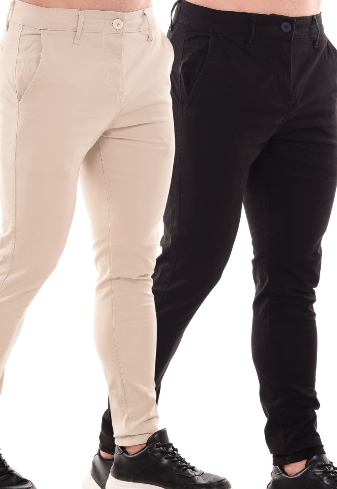 Kit 2 Calças Sarja Masculina Mys Jeans Confortável e Estilosa Preto e Bege