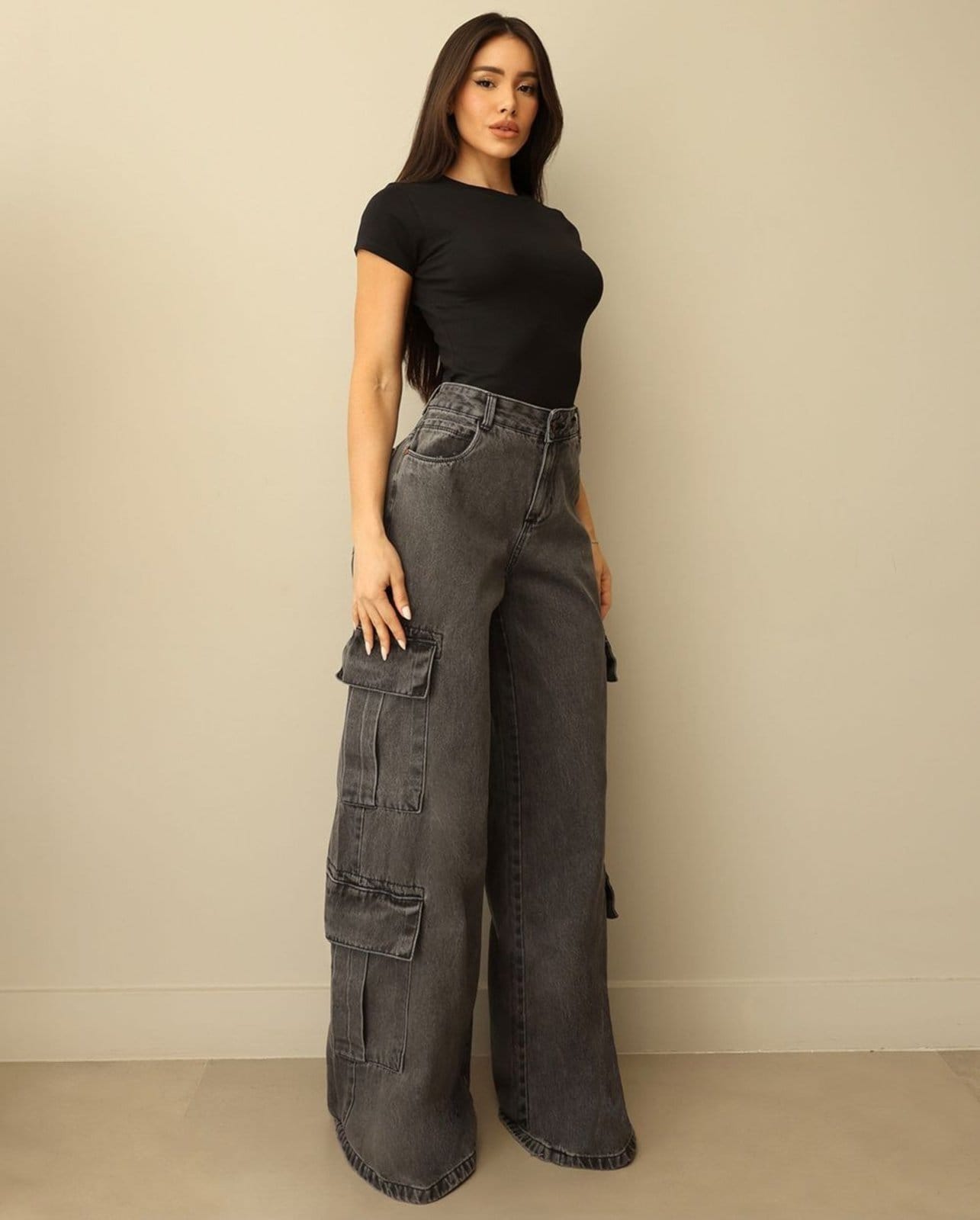 Vista principal Calça Jeans Wide Leg Feminina Relaxed Cargo 24892 Vintage Consciência cinza