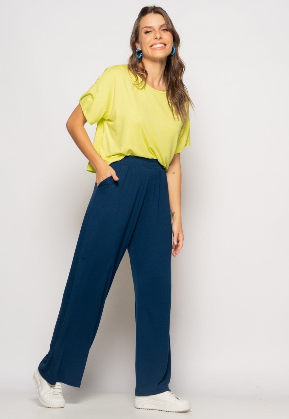 Calça Wide Leg Com Bolso Malha Salvatore Fashion Marinho