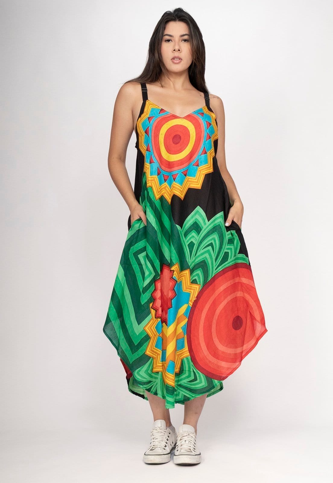 Vista 2 Vestido Cabanafree Midi Origens Mandala da Terra Cabanafree estampado