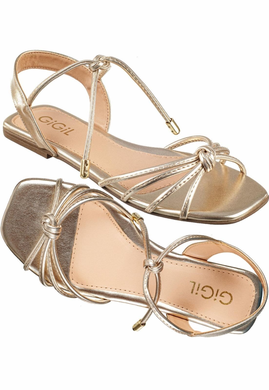 Vista principal Sandália Rasteira Gigil Tiras fina Amarração Ouro Gigil dourado