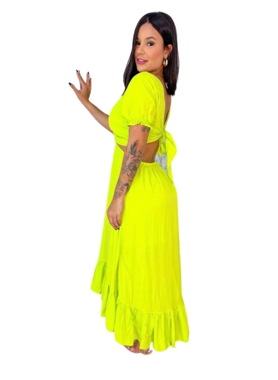 Vista 2 Vestido Midi Viscose Abertura Argola Lima Cia do Vestido amarelo/verde/verde oliva verde