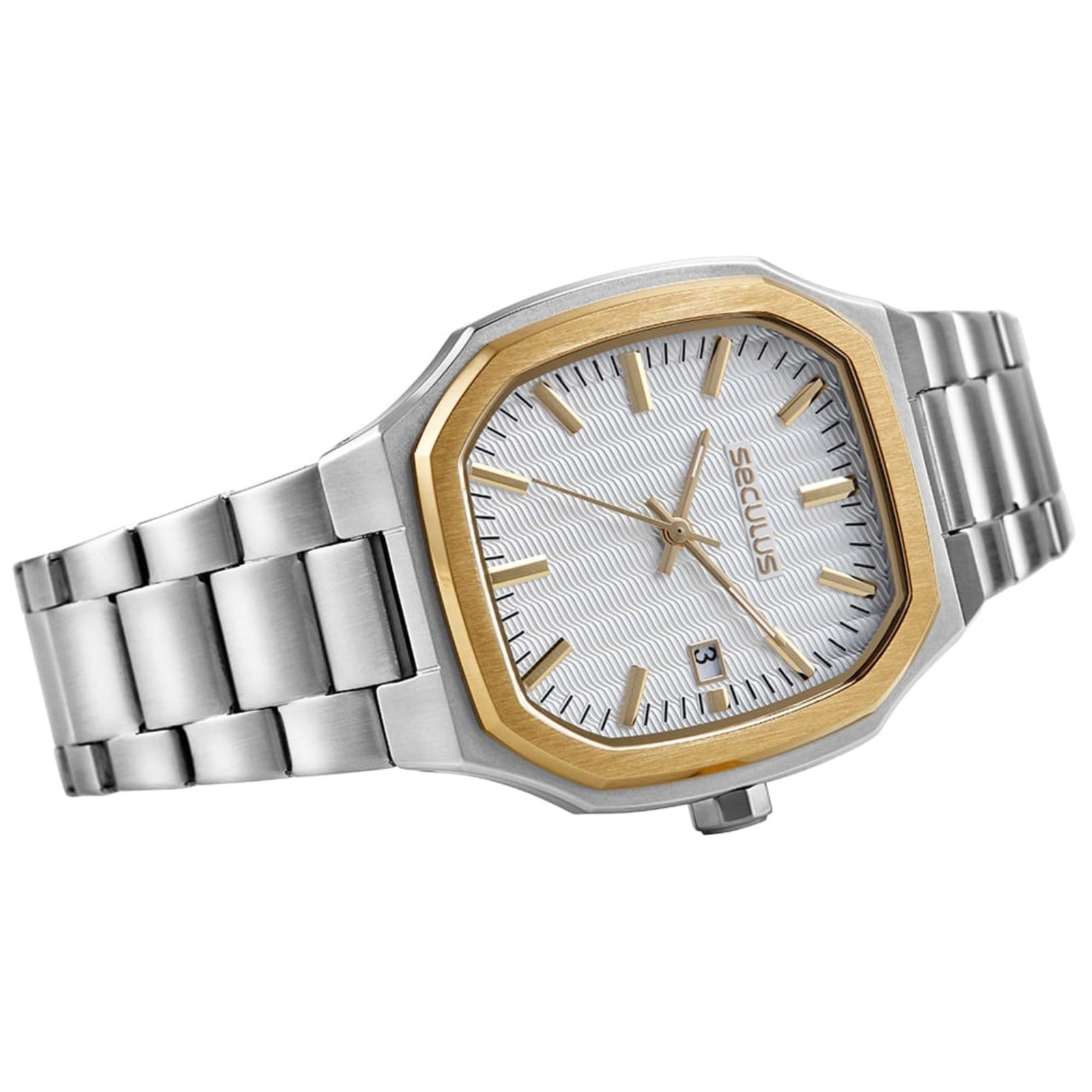 Vista 2 Relógio Masculino Quadrado Social Aço e Dourado Seculus prata