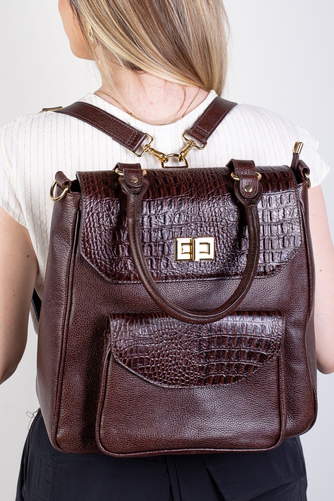 Vista 2 Mochila de couro croco Joanna - Café Andrea Vinci azul