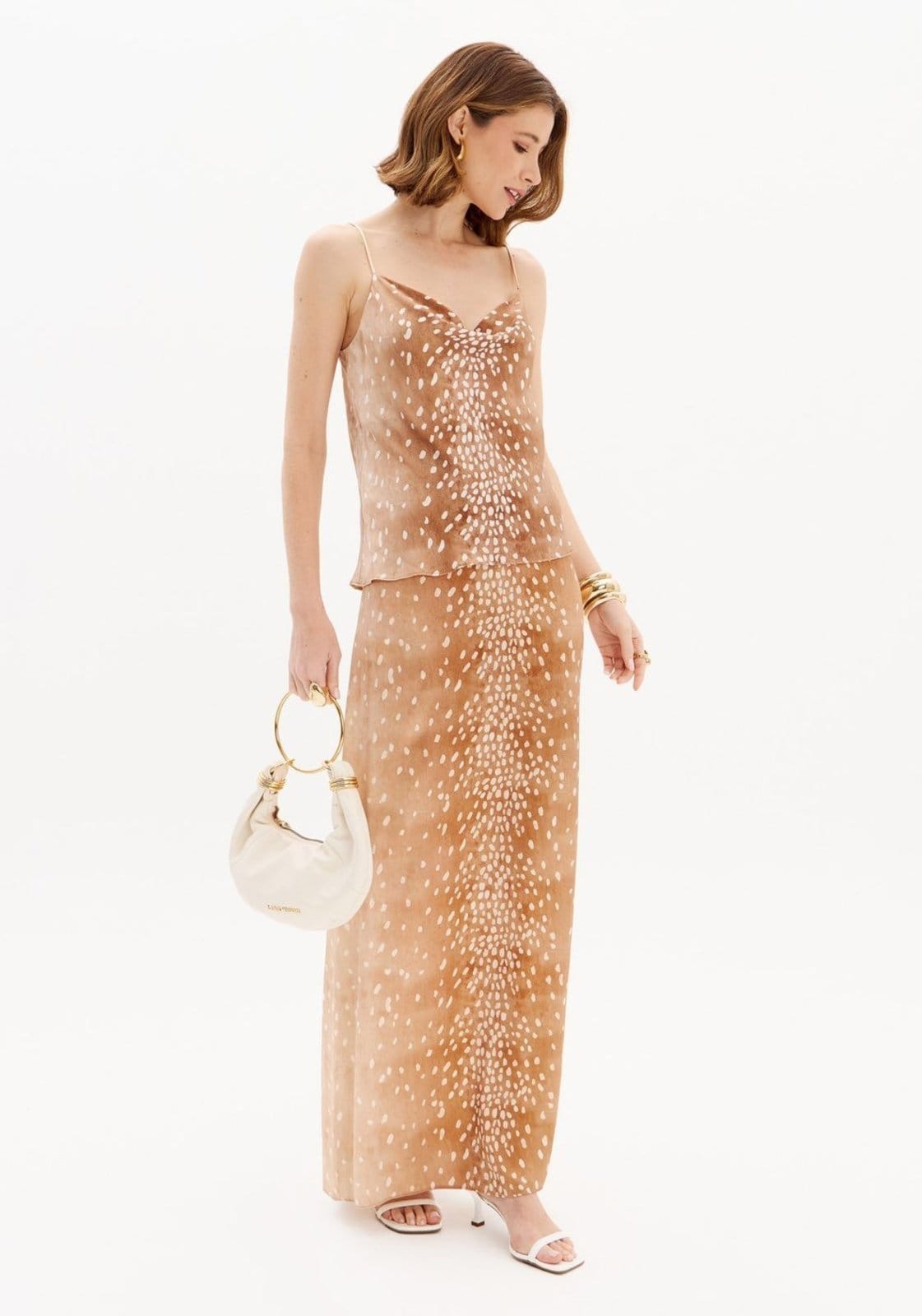 Vista principal Saia Super Midi Reta Cintura Alta Lança Perfume bege