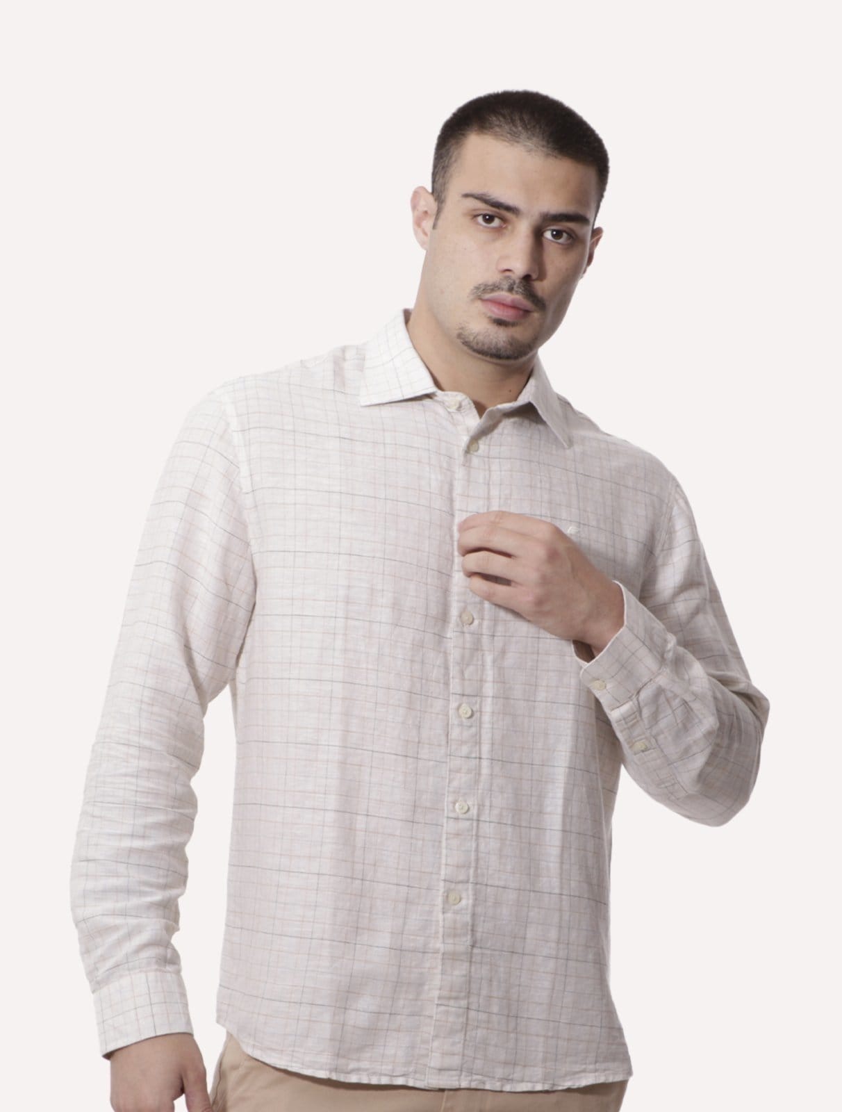 Vista principal Camisa Ellus Masculina Regular Linen Blend Breeze Italian Xadrez Off-White Ellus off-white white