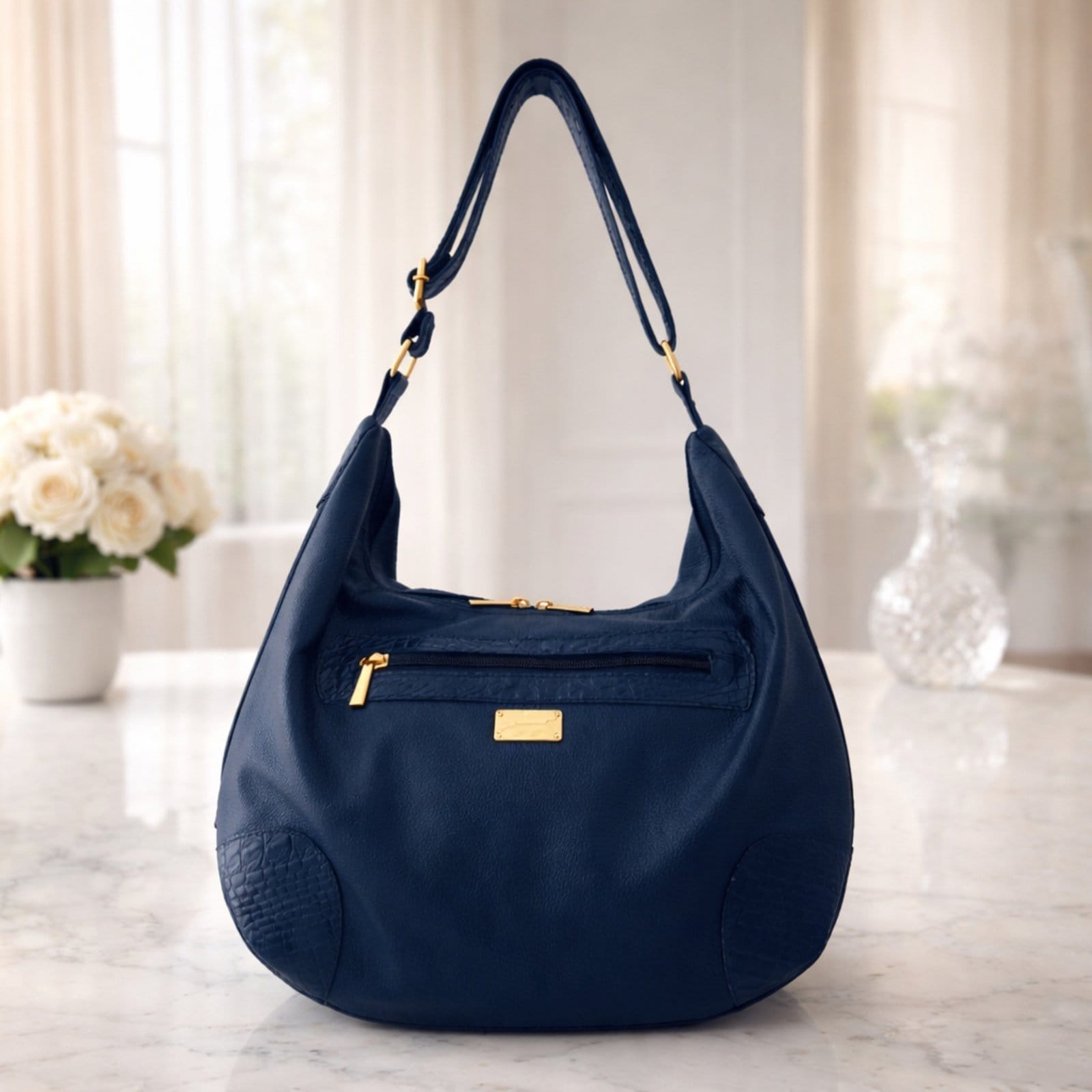 Bolsa Saco Meia Lua TopGrife Couro Marinho