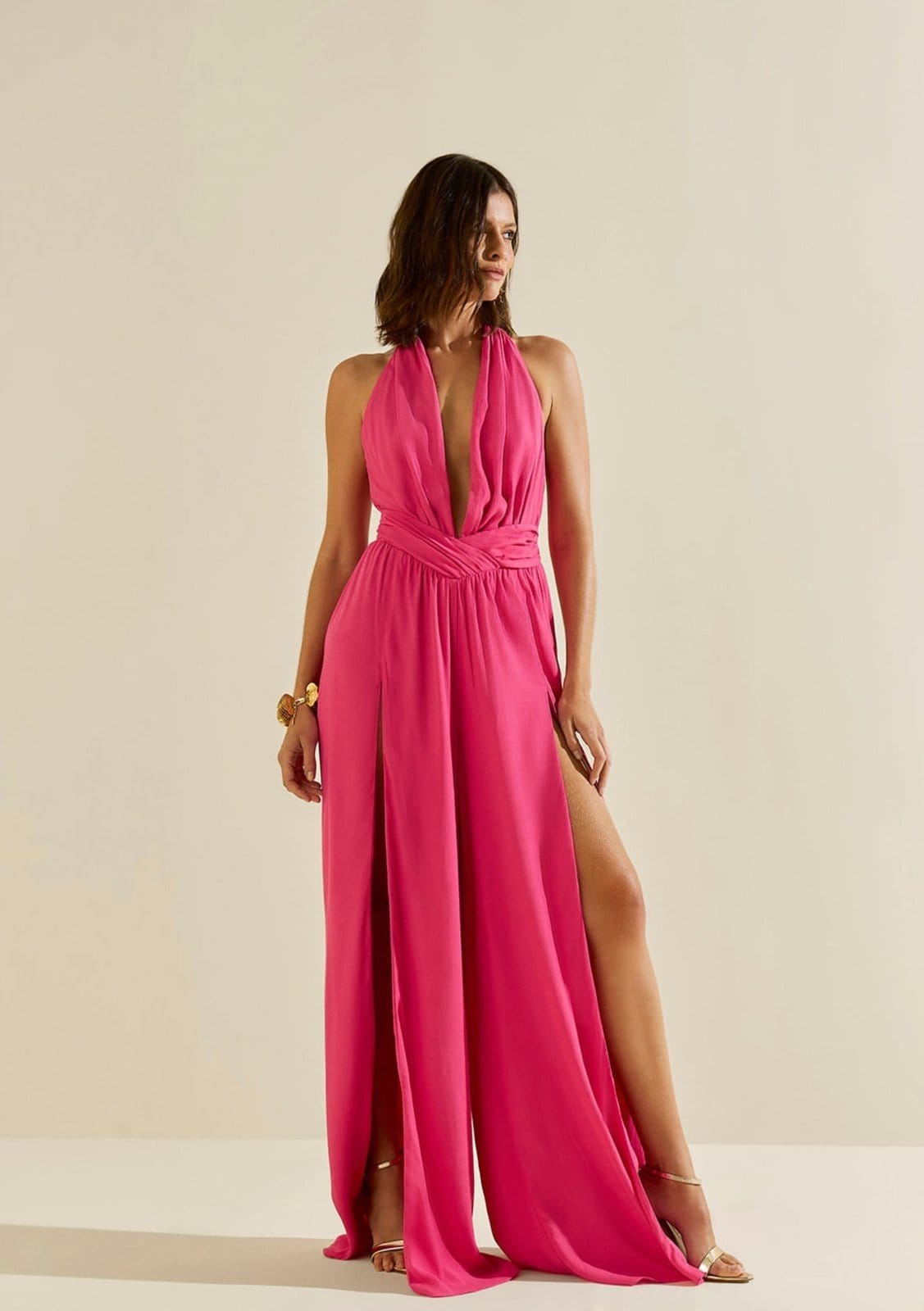 Macacão Morena Solto Decote V Manga Longa Longo