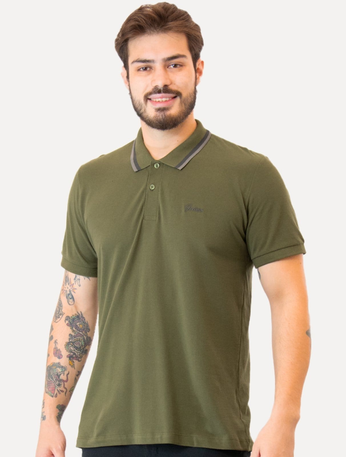 Polo Guess Masculina Piquet Friso Bordado Cursivo