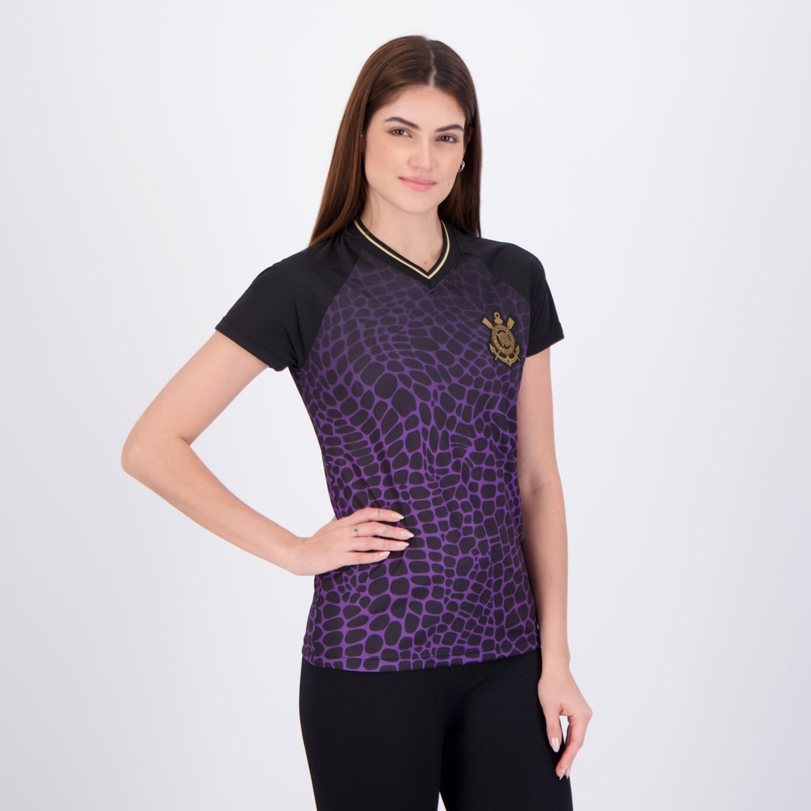 Vista 2 Camisa Corinthians Raglan Dry Feminina Preta e Roxa Coimbra preto