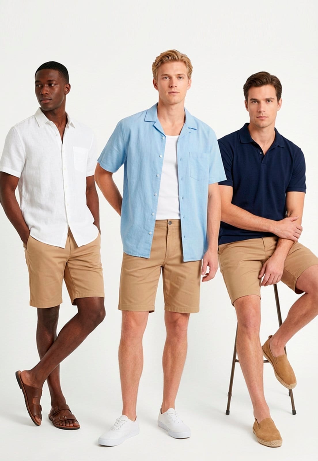 Vista 2 Bermuda Masculina Sarja Reta com Elastano Confortável e Versátil Escuro Macaw bege/castanho/cáqui