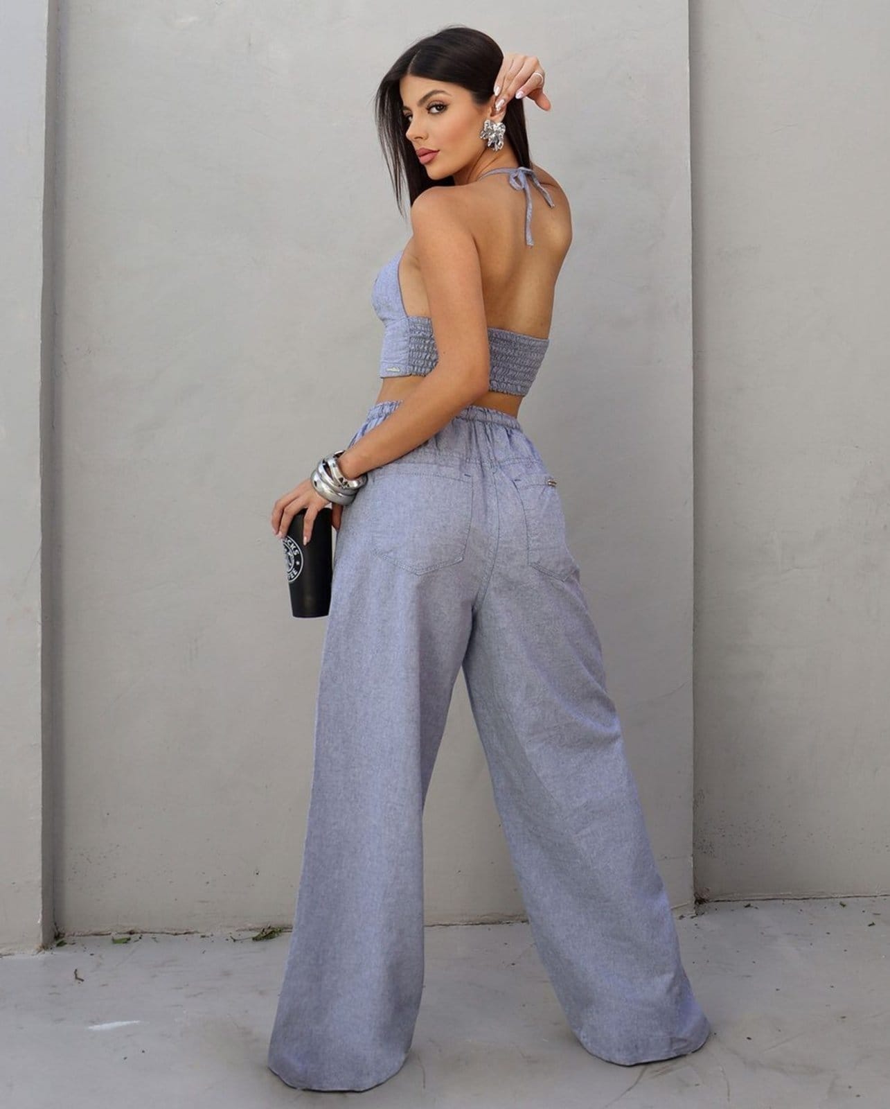 Vista 2 Calça Wide Leg Feminina com Elástico No Cós 24899 Consciência azul marinho