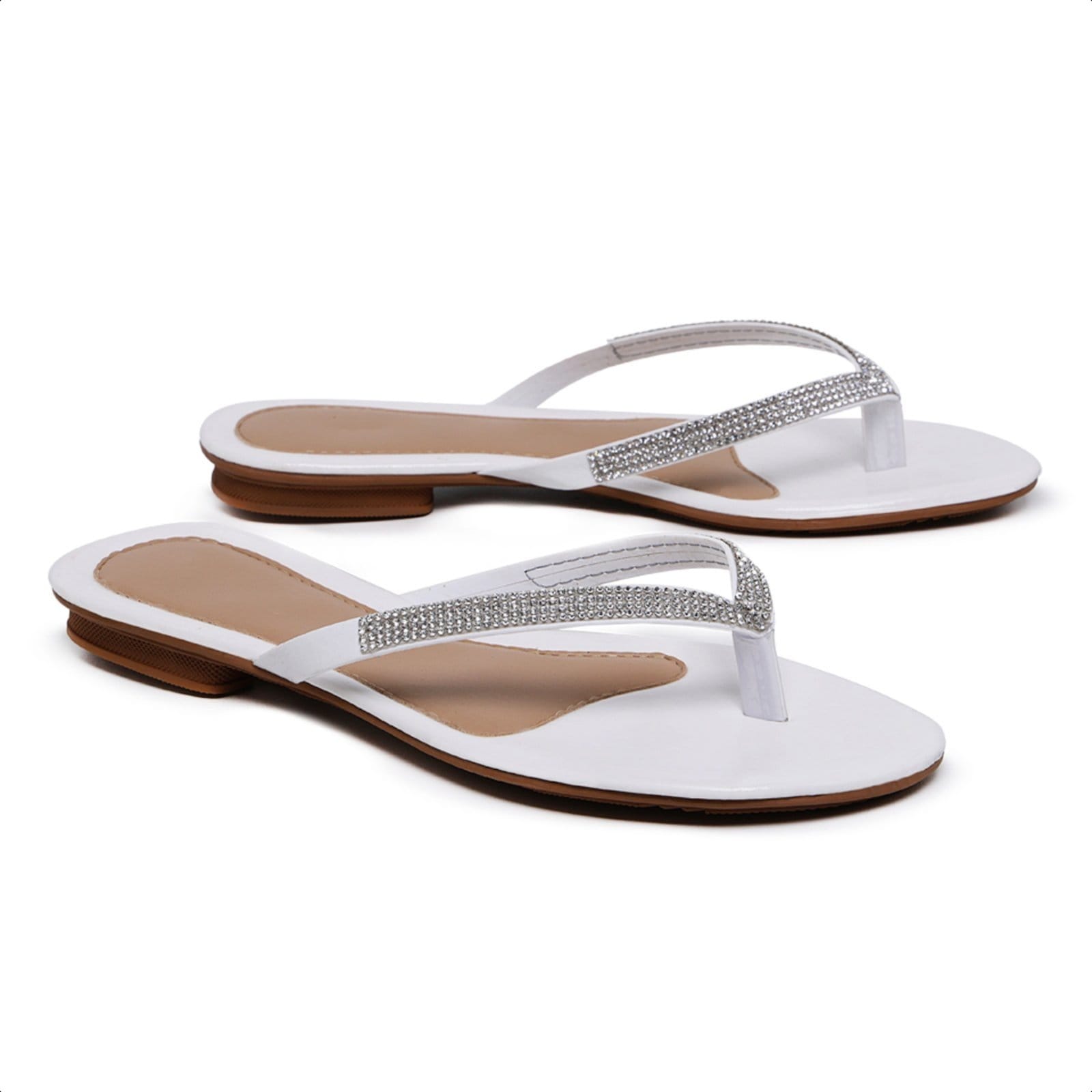 Vista 2 Chinela Rasteirinha Feminina Confortável Salto Baixo Branca Com Strass 34 ao Carmelo Shoes Sandália Baixa Festa Casual CARMELO SHOES branco