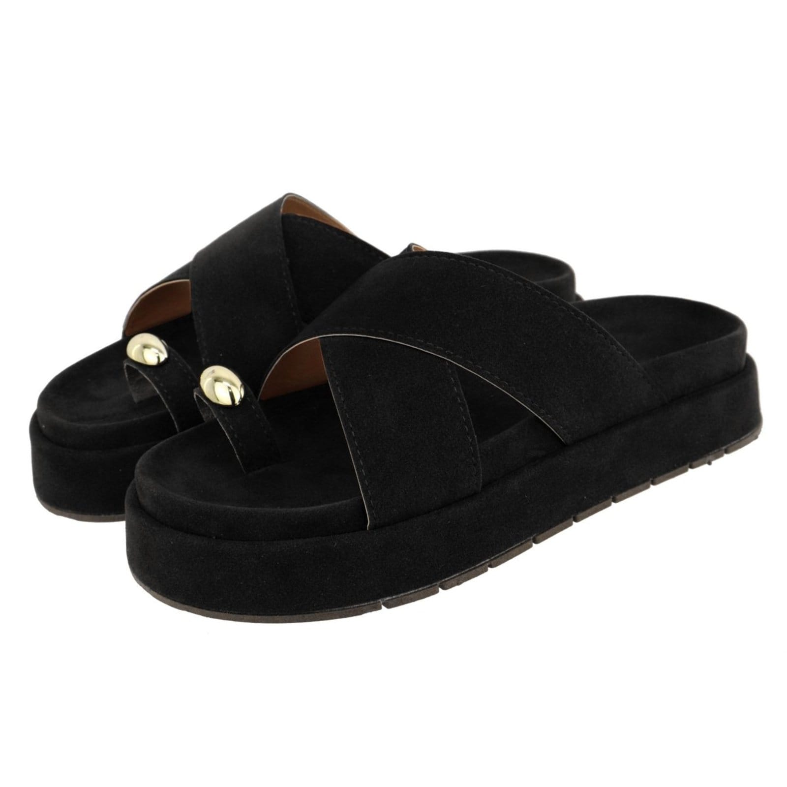 Sandália Papete Feminina em X Plataforma Sola Alta Camurça Preta