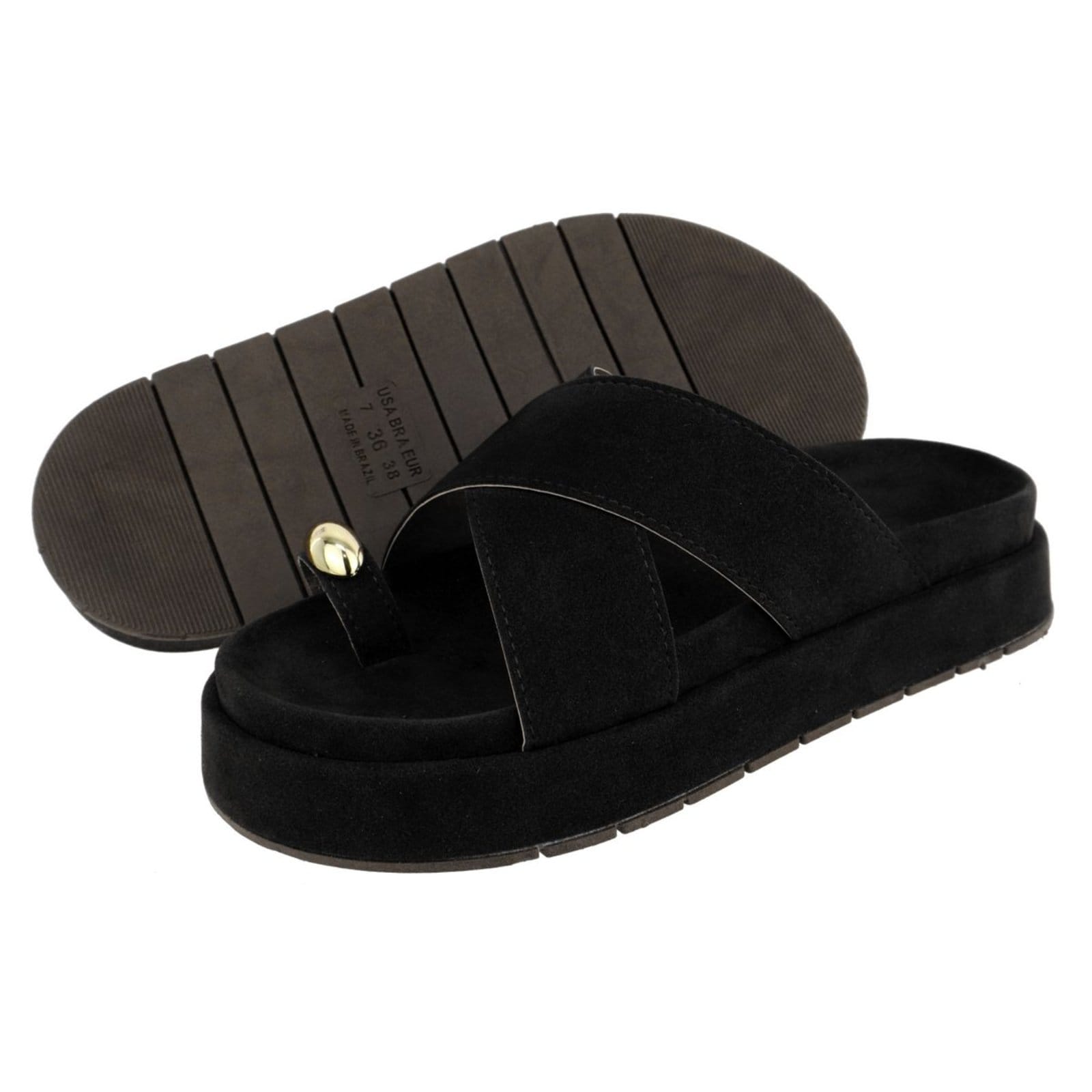 Vista 2 Sandália Papete Feminina em X Plataforma Sola Alta Camurça Preta TELLINI STORE preto