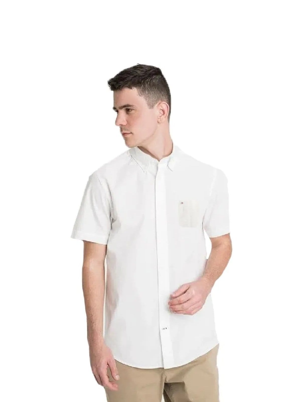 Camisa Tommy Hilfiger Masculina Manga Curta Light Oxford Branca