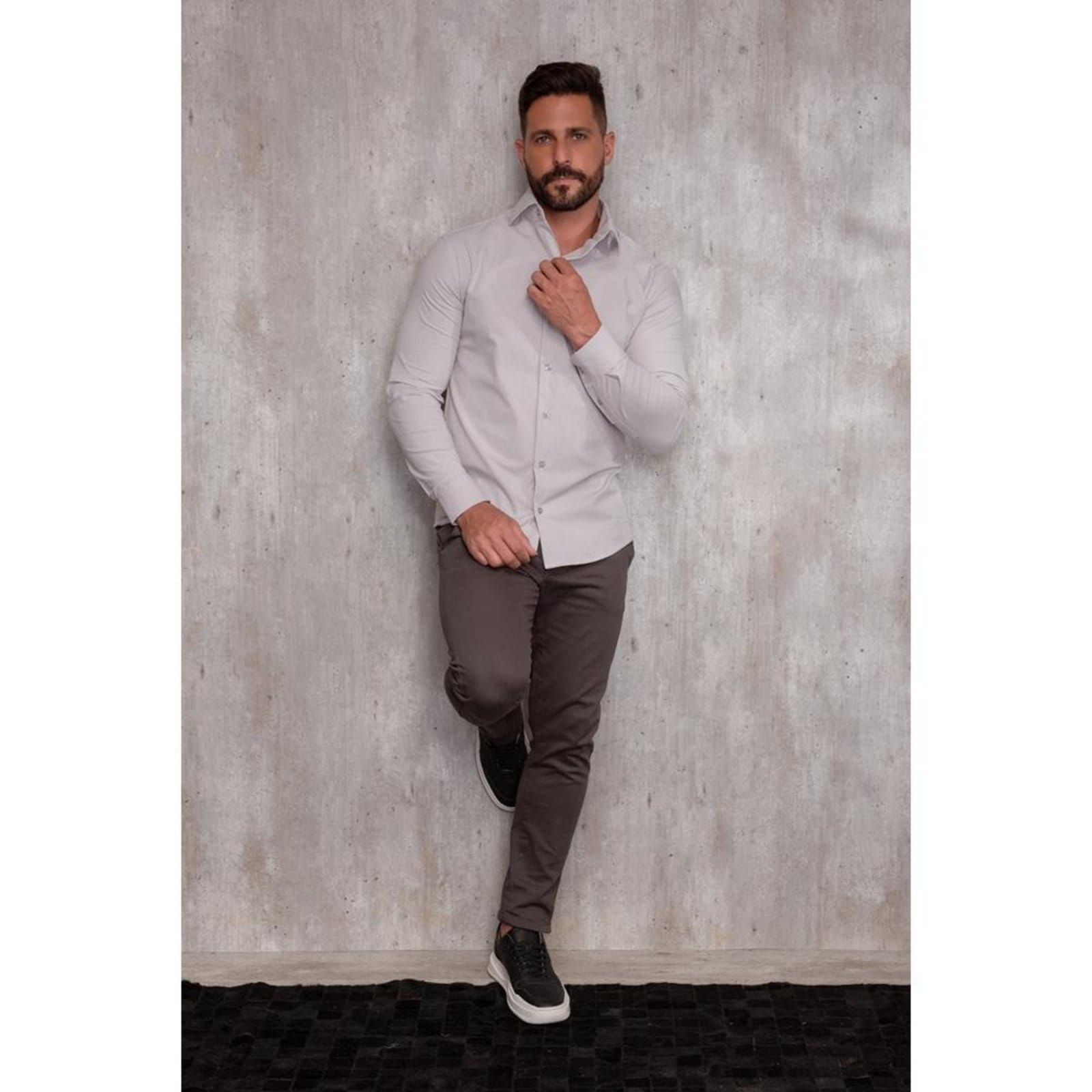 Vista 2 Camisa Masculina Slim Manga Longa Lisa Acetinada Social Azul Claro G Cinza TEODORO CAMISARIA cinza azul