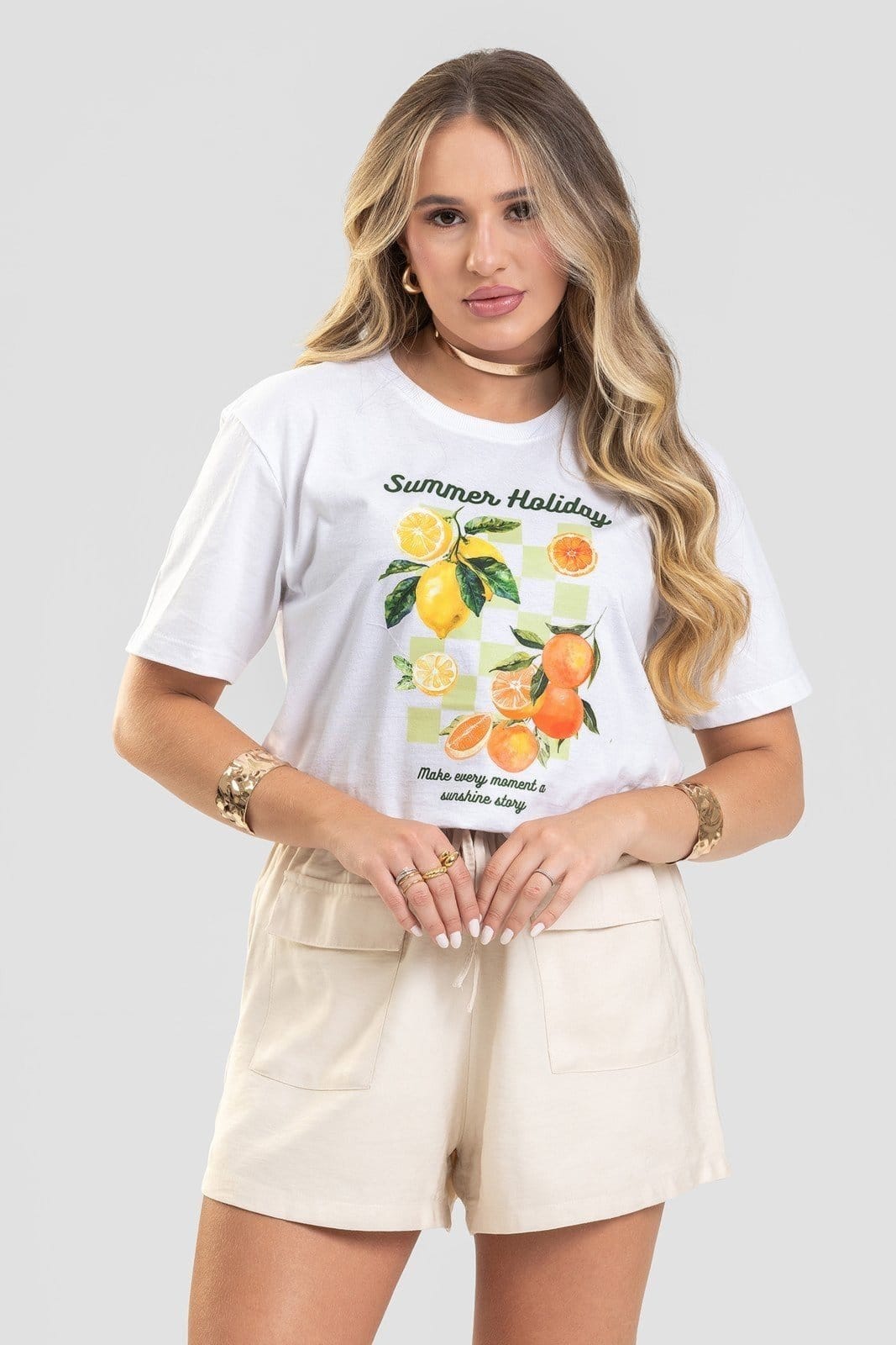 Vista principal Camiseta Feminina Cianitas Branca Estampa Summer Holiday Cianitas branco