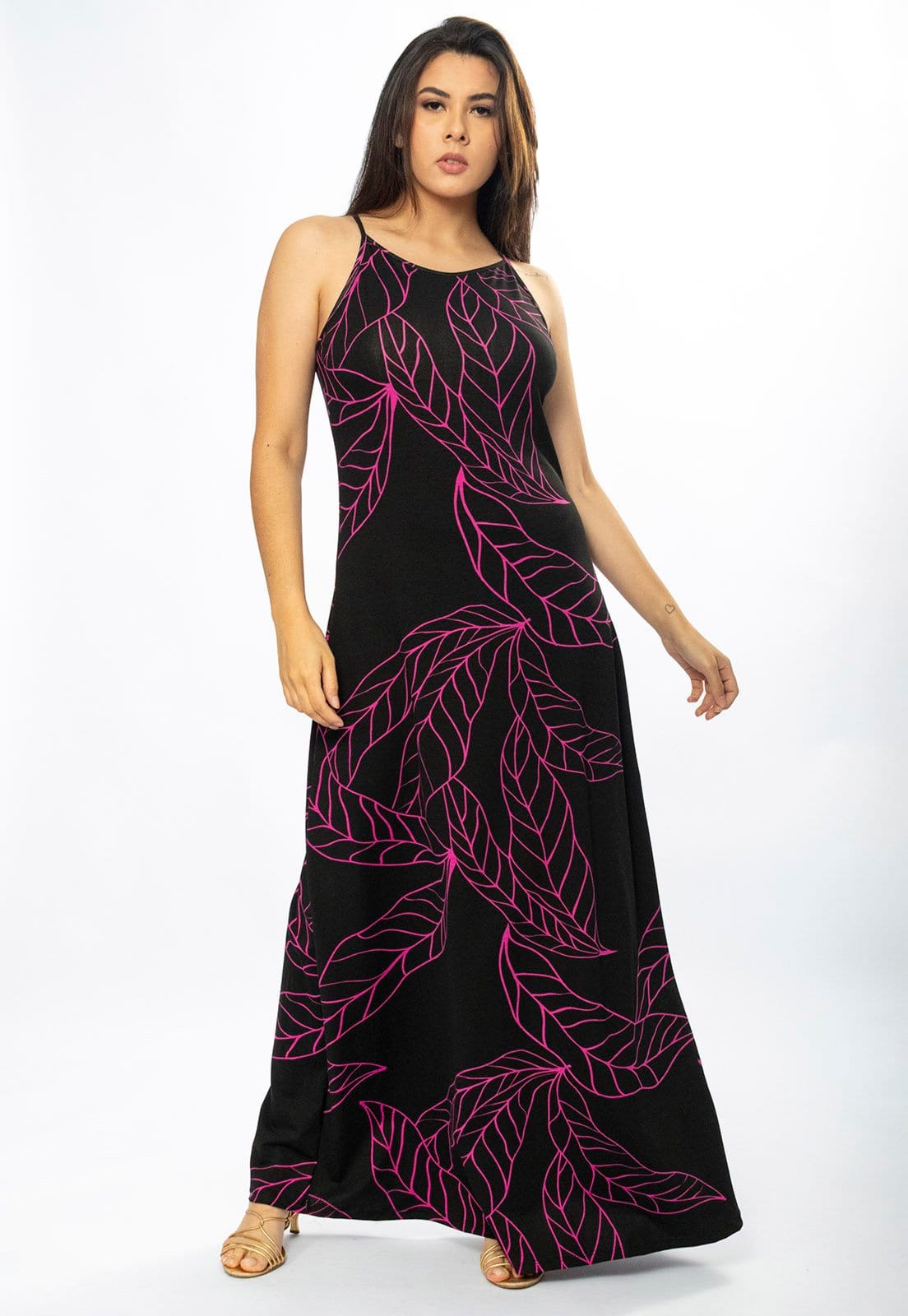 Vista 2 Vestido Longo Cabanafree Malha Trapézio Antúrios Lilás Cabanafree estampado/rosa