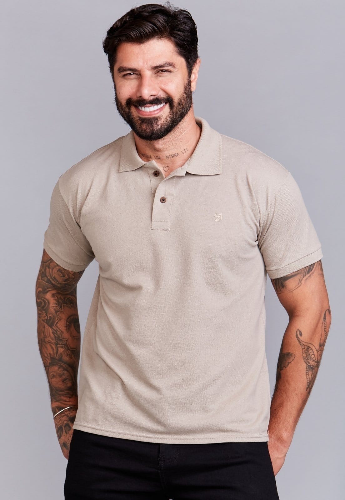 Vista principal Camisa Polo Piquet Masculina Daze Modas Areia Daze Modas bege