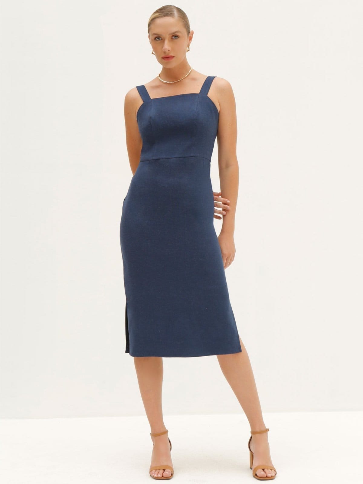 Vista principal Vestido Principessa Tubinho com Alças de Linho Marinho Berenice Principessa azul/azul marinho