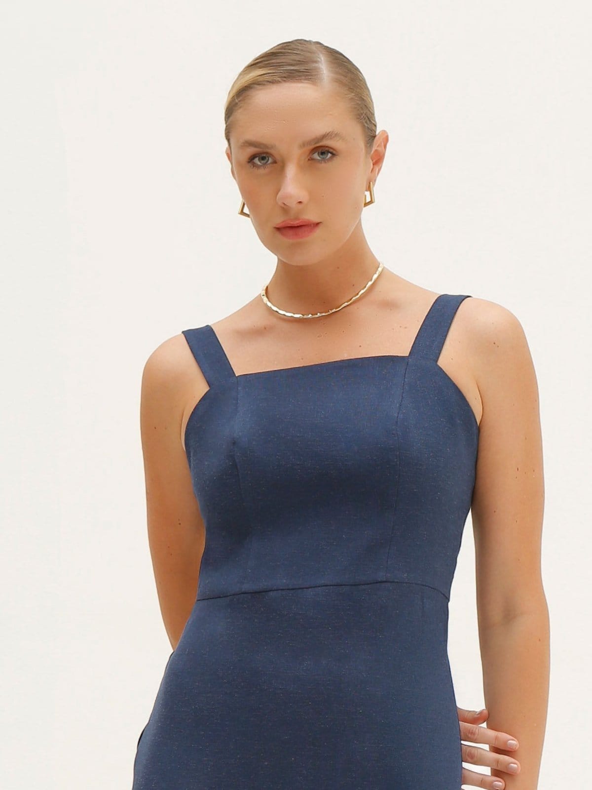 Vista 2 Vestido Principessa Tubinho com Alças de Linho Marinho Berenice Principessa azul/azul marinho