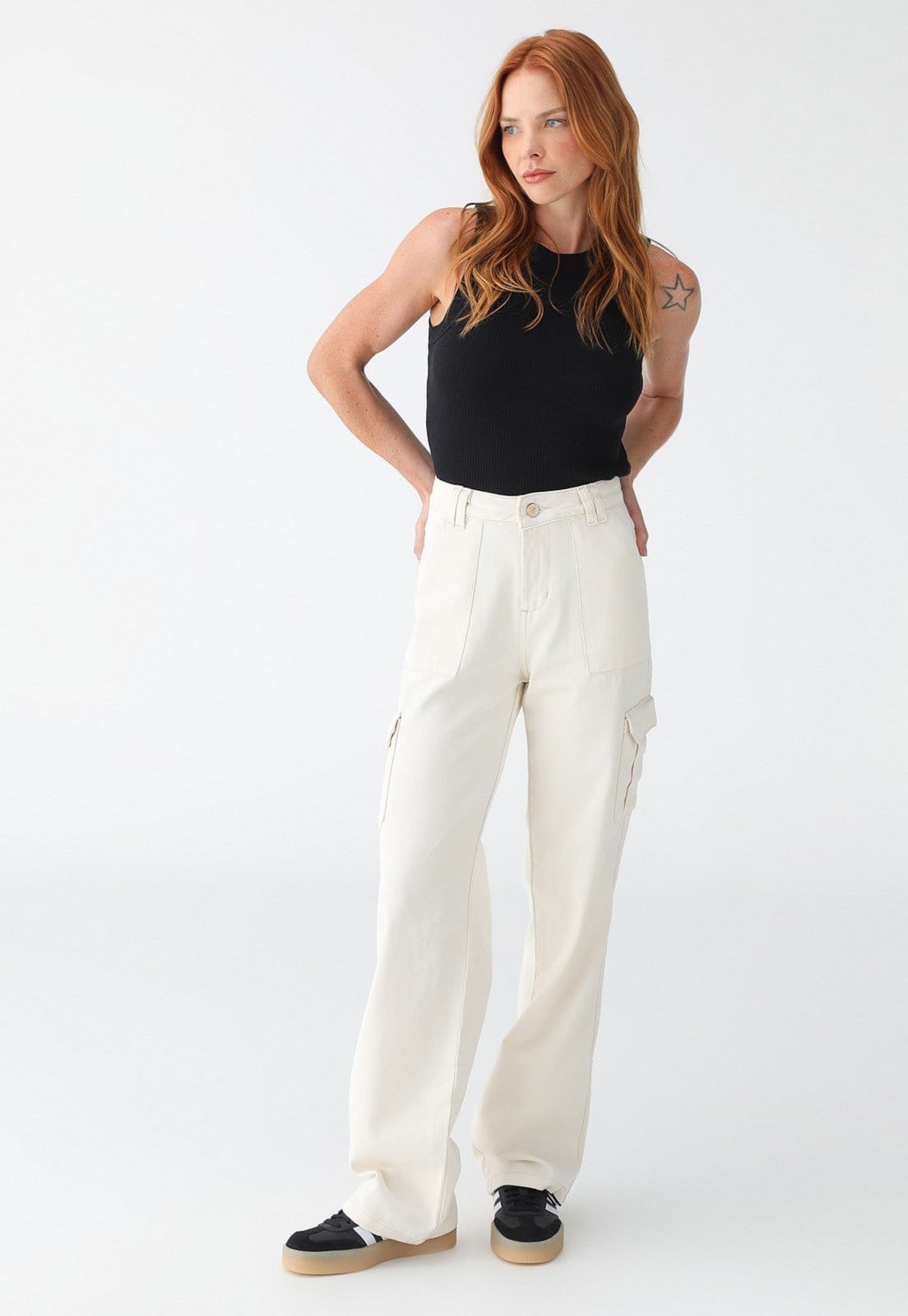 Vista principal Calça HNO Jeans Cargo Em Sarja Moda Off White HNO Jeans branco white