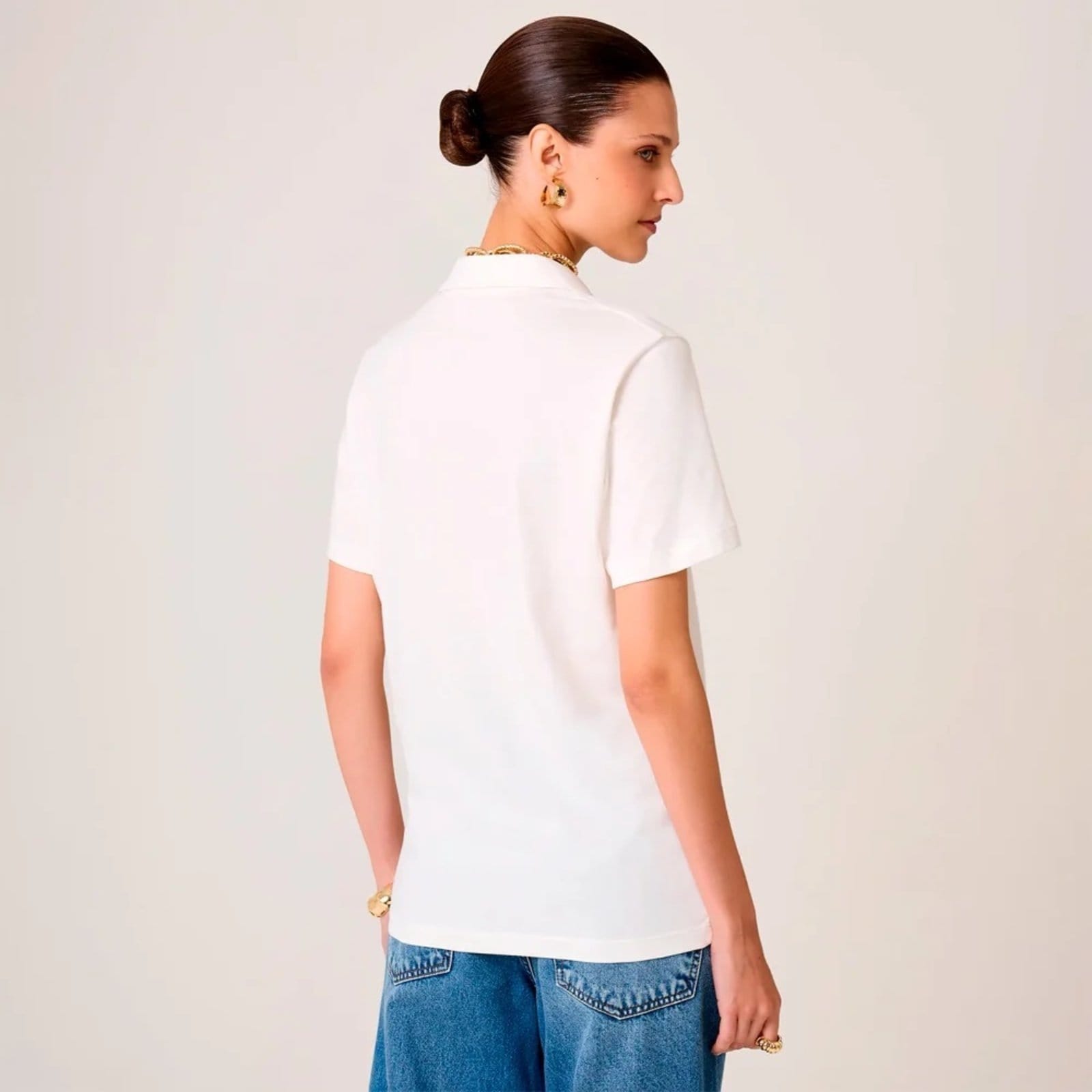 Vista 2 Camisa Polo Dudalina Mariana Ve26 Off White Feminino Dudalina amarelo white