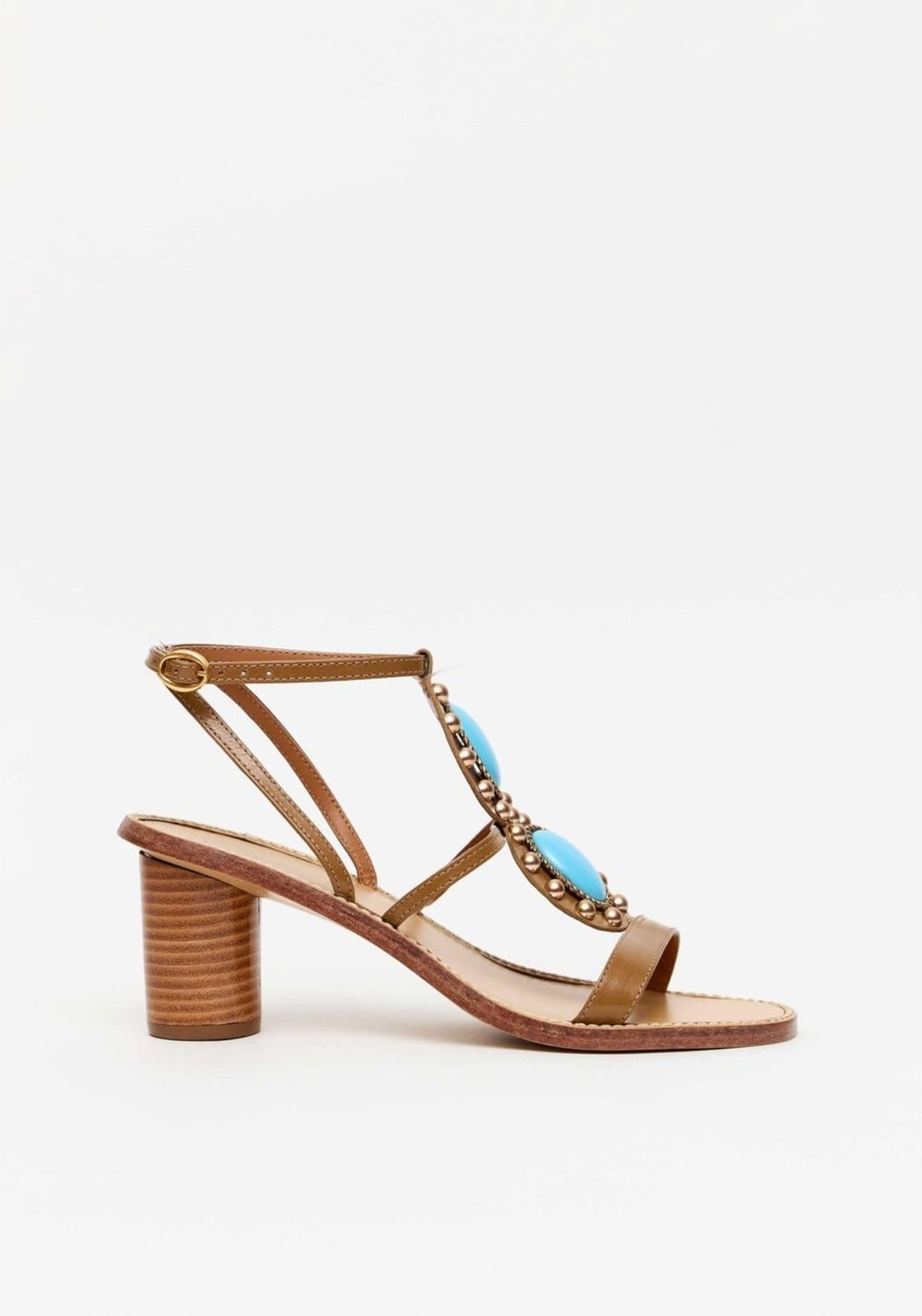 Sandália Salto Bloco Couro Pedraria