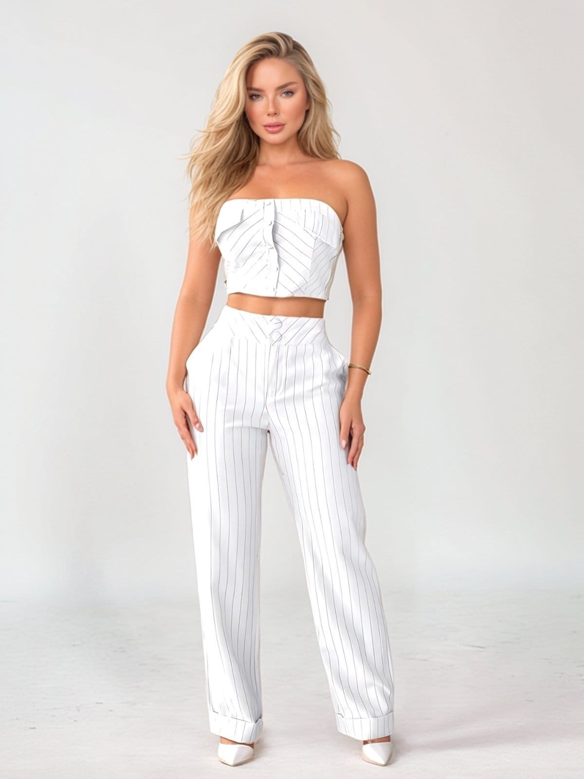 Vista principal Conjunto Listrado Tropical Fashion Cropped Calça TROPICAL FASHION branco