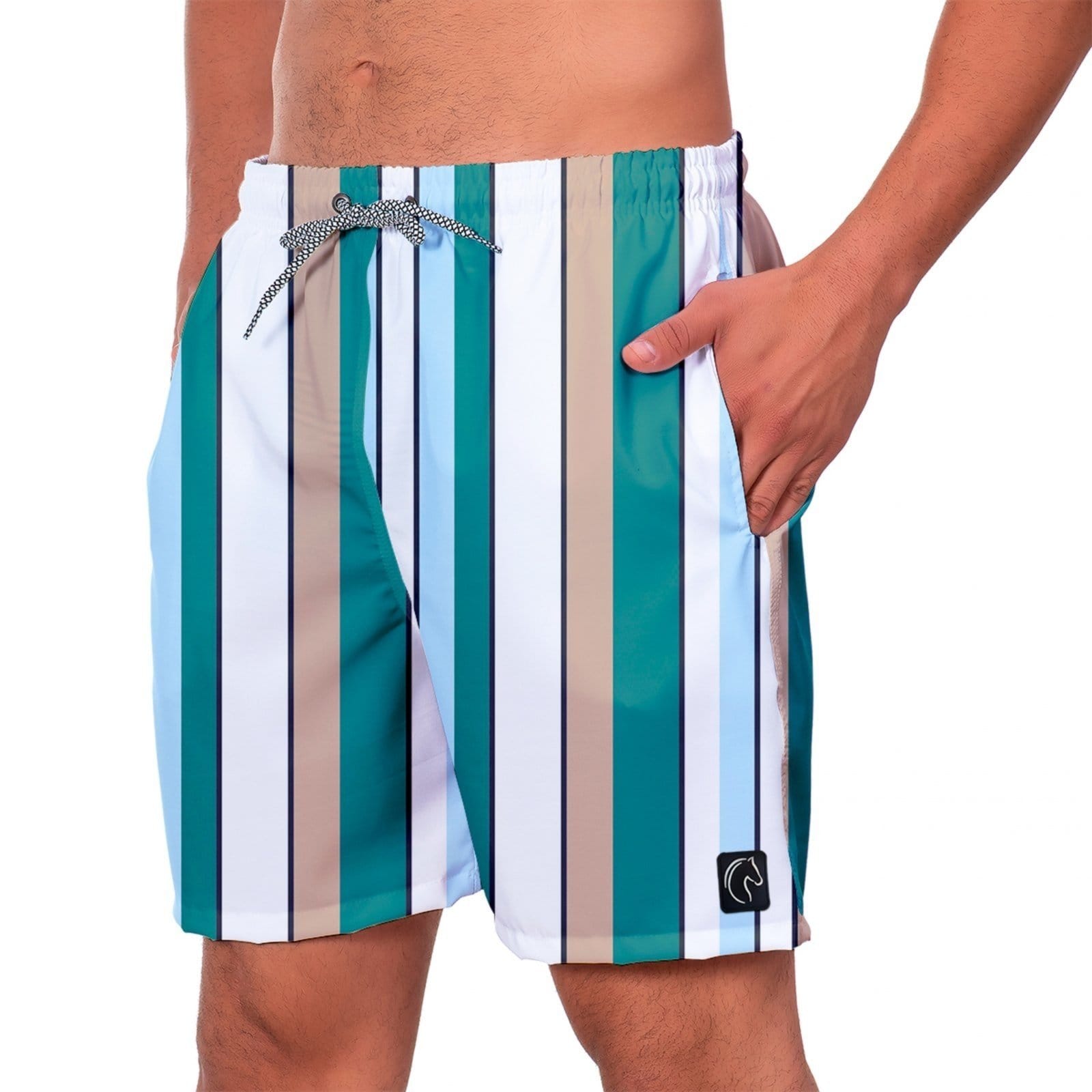 Bermuda Listrada Masculina W2 Shorts Tactel Premium Linhas Verticais Multicoloridas Verde Moda Praia Estilo Casual Super Confortável Secagem Rápida