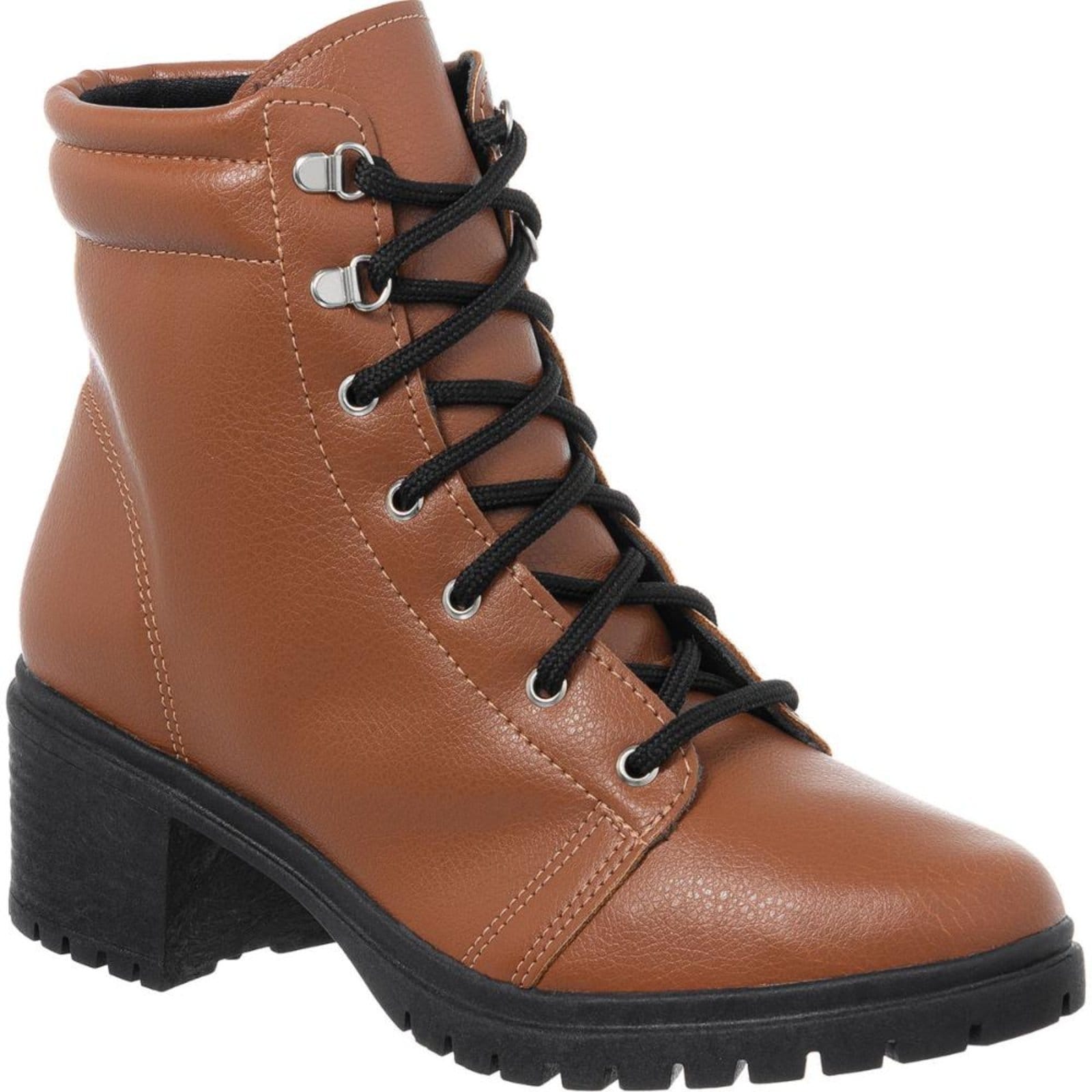Vista principal Bota Coturno Feminina Cano Baixo Salto Tratorada Confortável Stessy Shoes caramelo