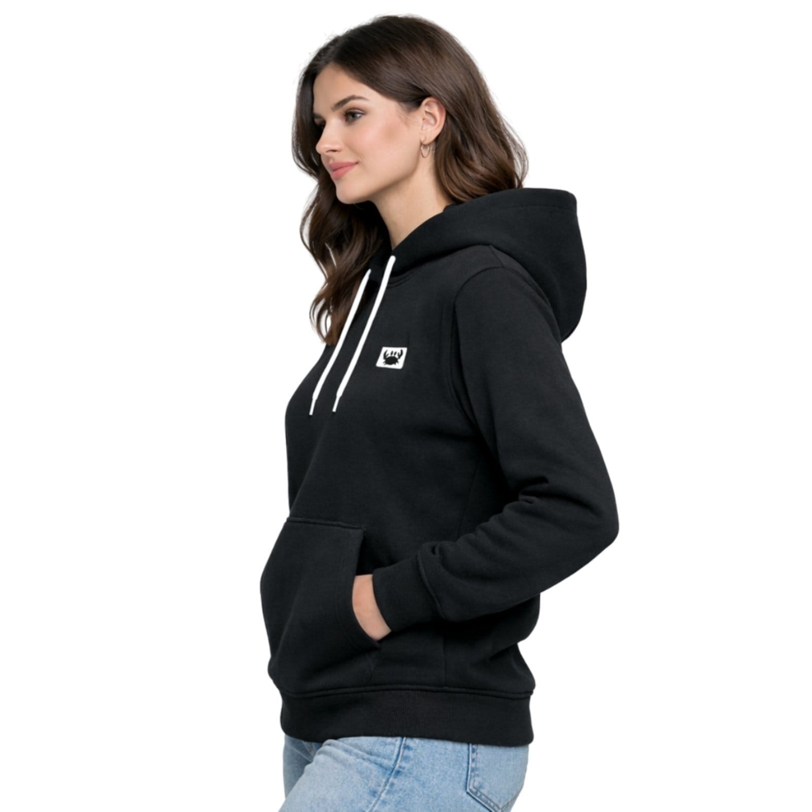 Vista 2 Blusa de Frio Moletom Liso Colorido Feminino Relaxado Com Capuz E Bolso Canguru Relaxado preto